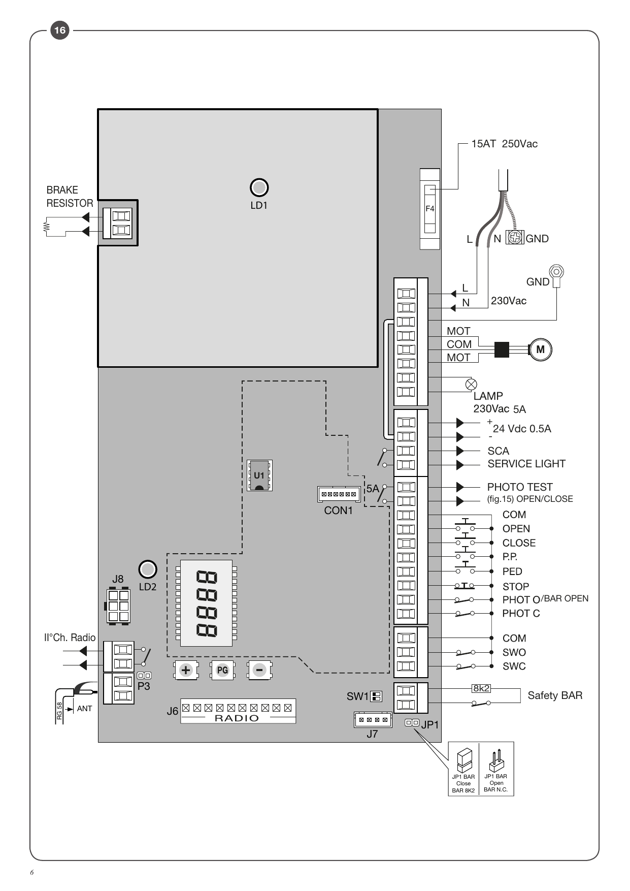 Schéma de la logique de commande : bornier, connecteurs, fusible F4 15AT 250Vac, cavaliers JP1/BAR, entrées et sorties.