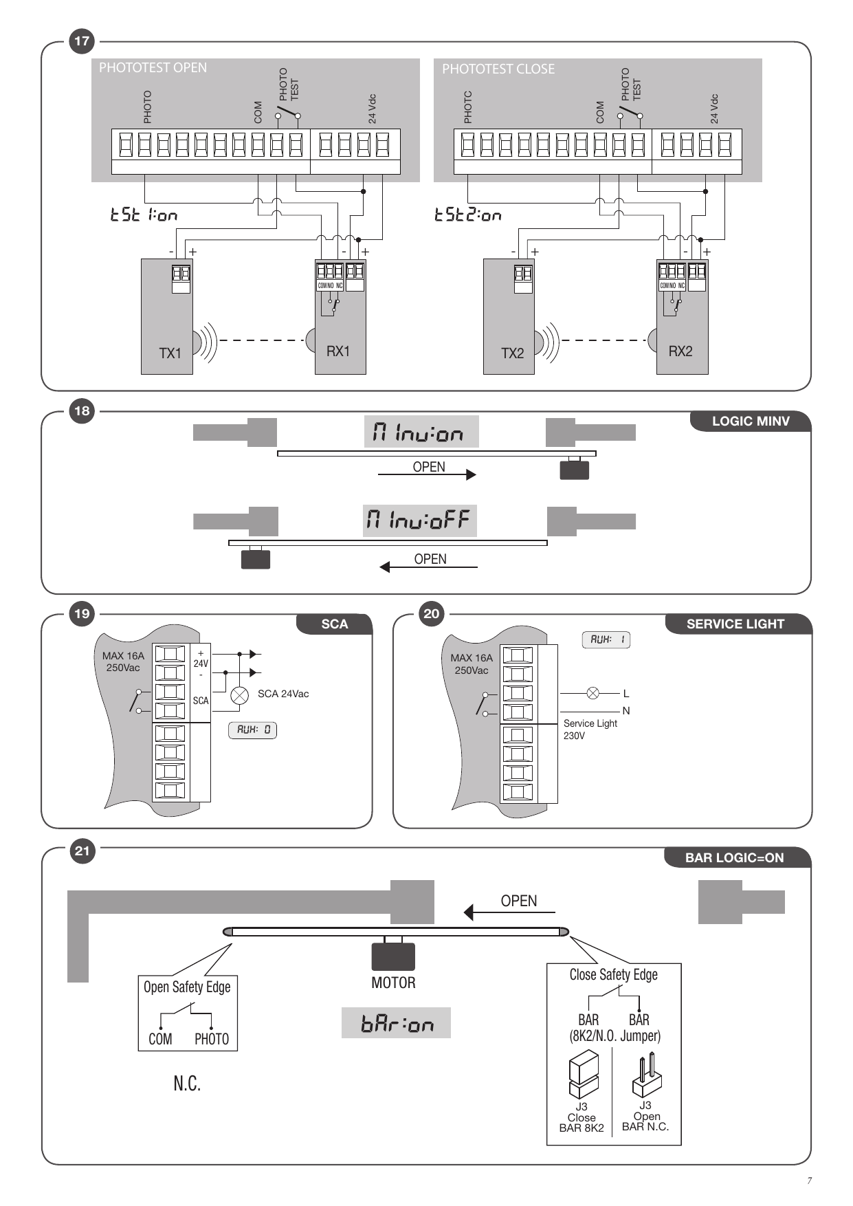Branchements phototest ouverture/fermeture, logique MINV, sorties SCA et Service Light, logique BAR.