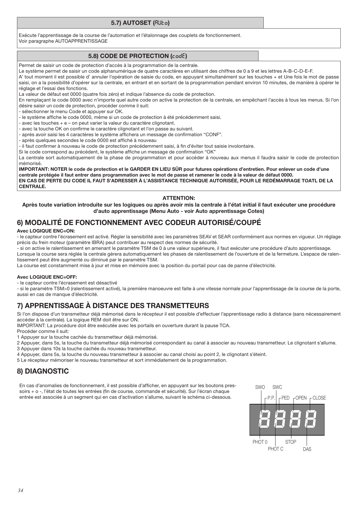 Schéma d'affichage des segments du diagnostic correspondant aux entrées (SWO, SWC, P.P., PED, OPEN, CLOSE, PHOT O, PHOT C, STOP, DAS).