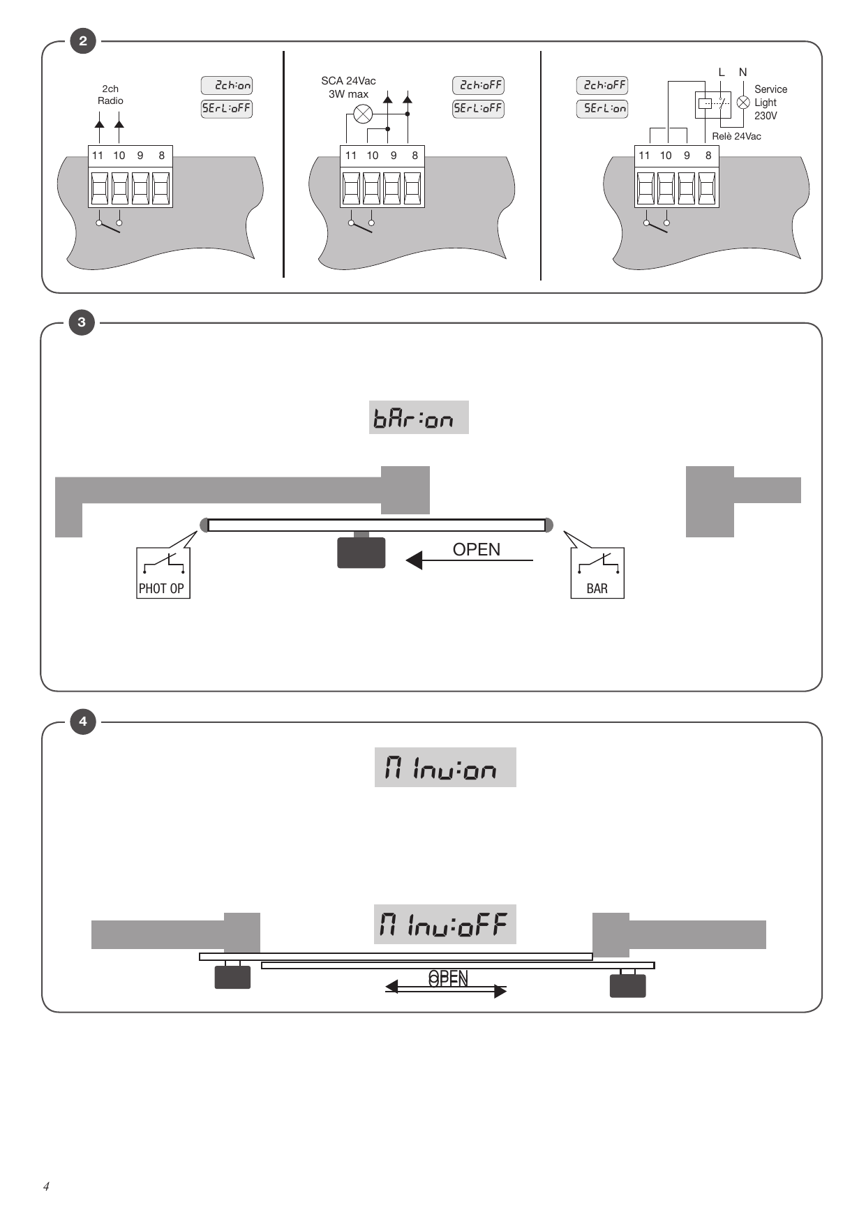 Configurations de la sortie SCA / lumière de service (2ch:On, SErL:Off / 2ch:Off, SErL:Off / 2ch:Off, SErL:On) et fonctions bAr:on et MINV.