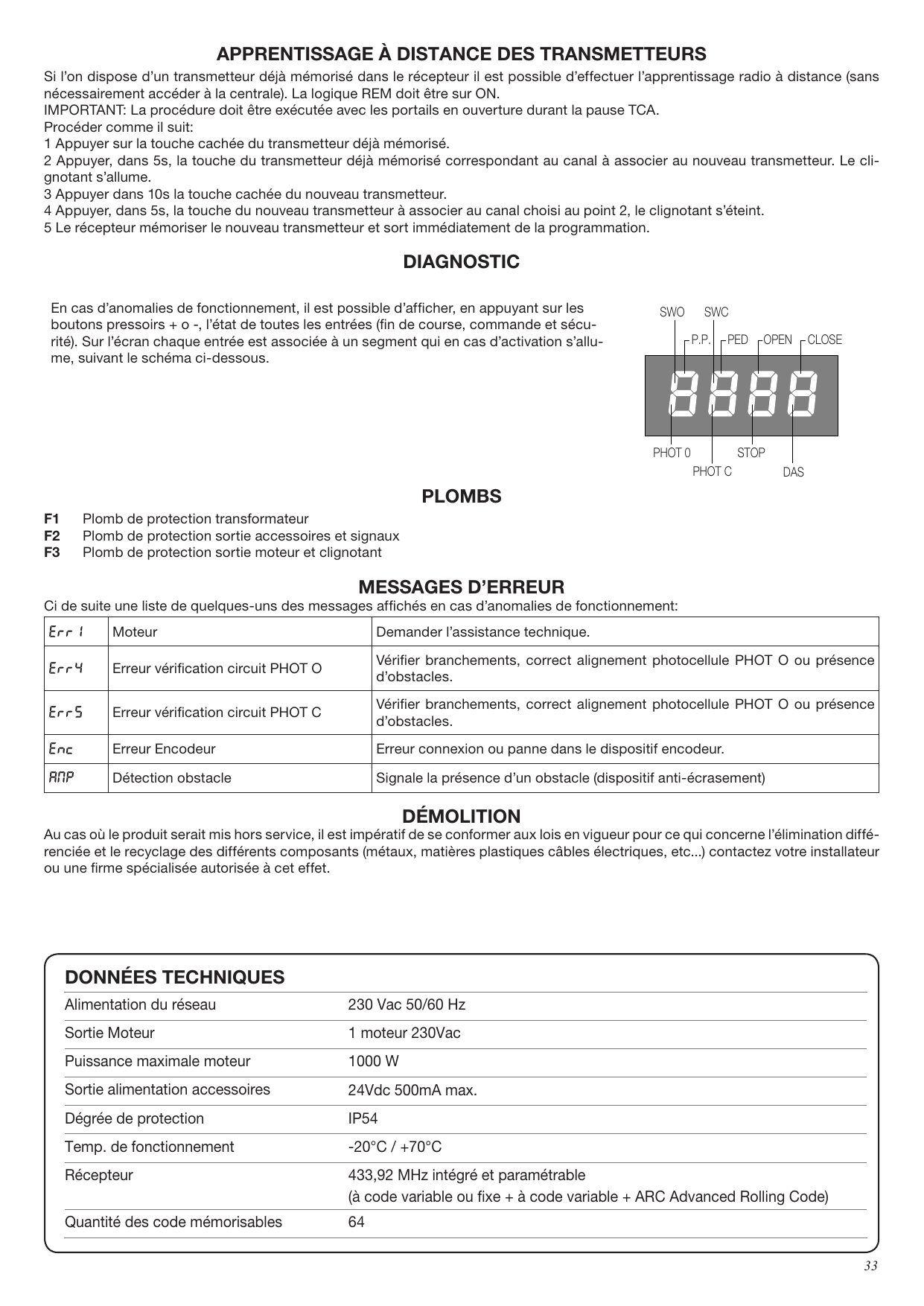 Schéma d'affichage du diagnostic : association de chaque entrée à un segment de l'afficheur (SWO, SWC, P.P., PED, OPEN, CLOSE, PHOT O, PHOT C, STOP, DAS).