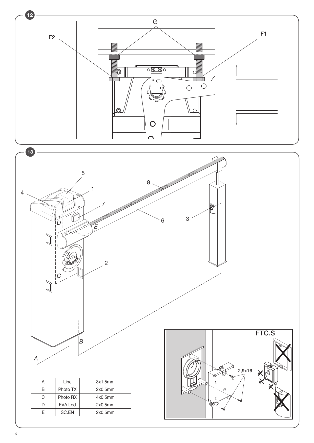Réglage des sécurités mécaniques (écrous G, butées F1/F2) et schéma d'installation électrique des accessoires (câblages A à E, photocellules FTC.S)