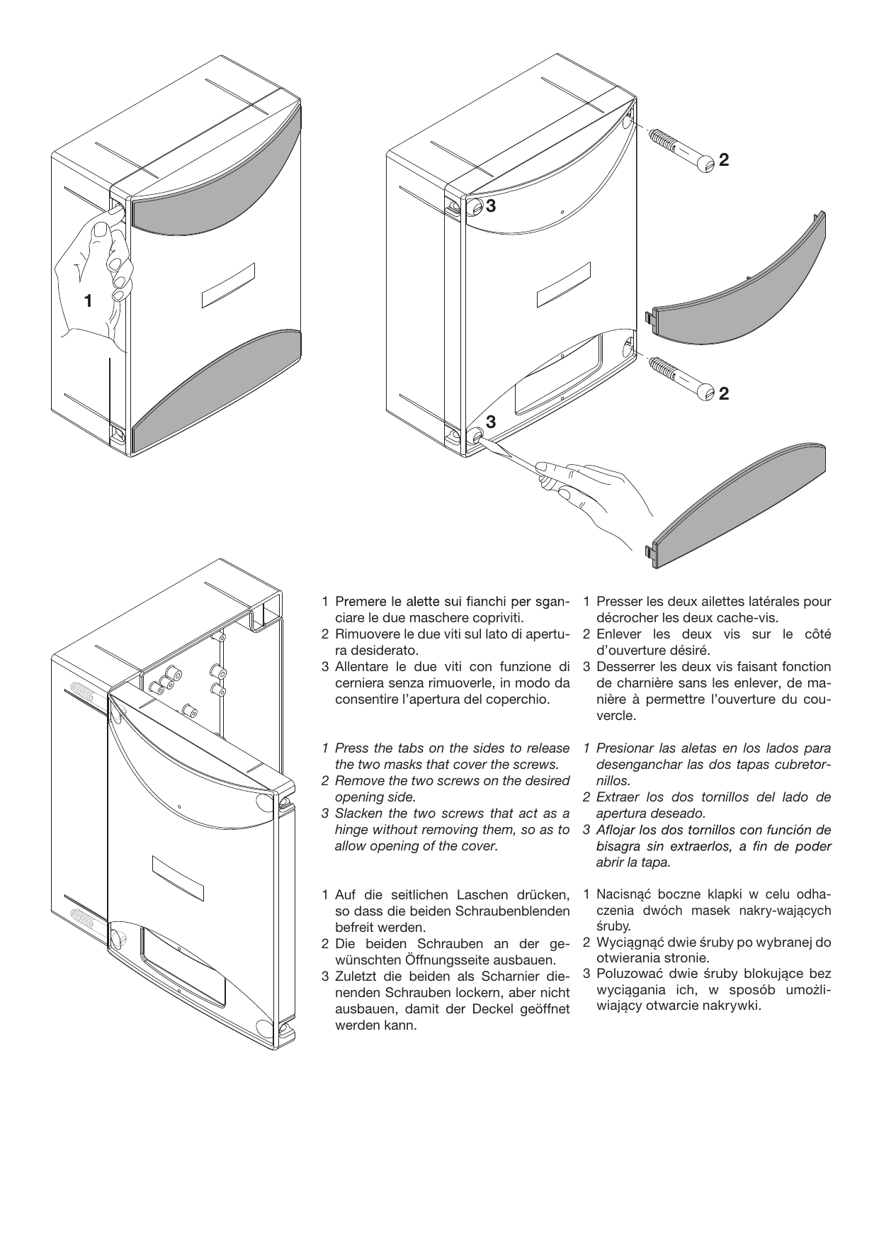 Étapes d'ouverture du couvercle de l'armoire : décrochage des cache-vis, retrait des vis et desserrage des vis-charnières