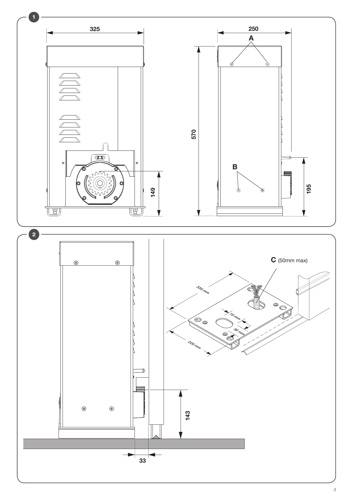 Dimensions d'encombrement du motoréducteur (mm) et vues de face et de côté