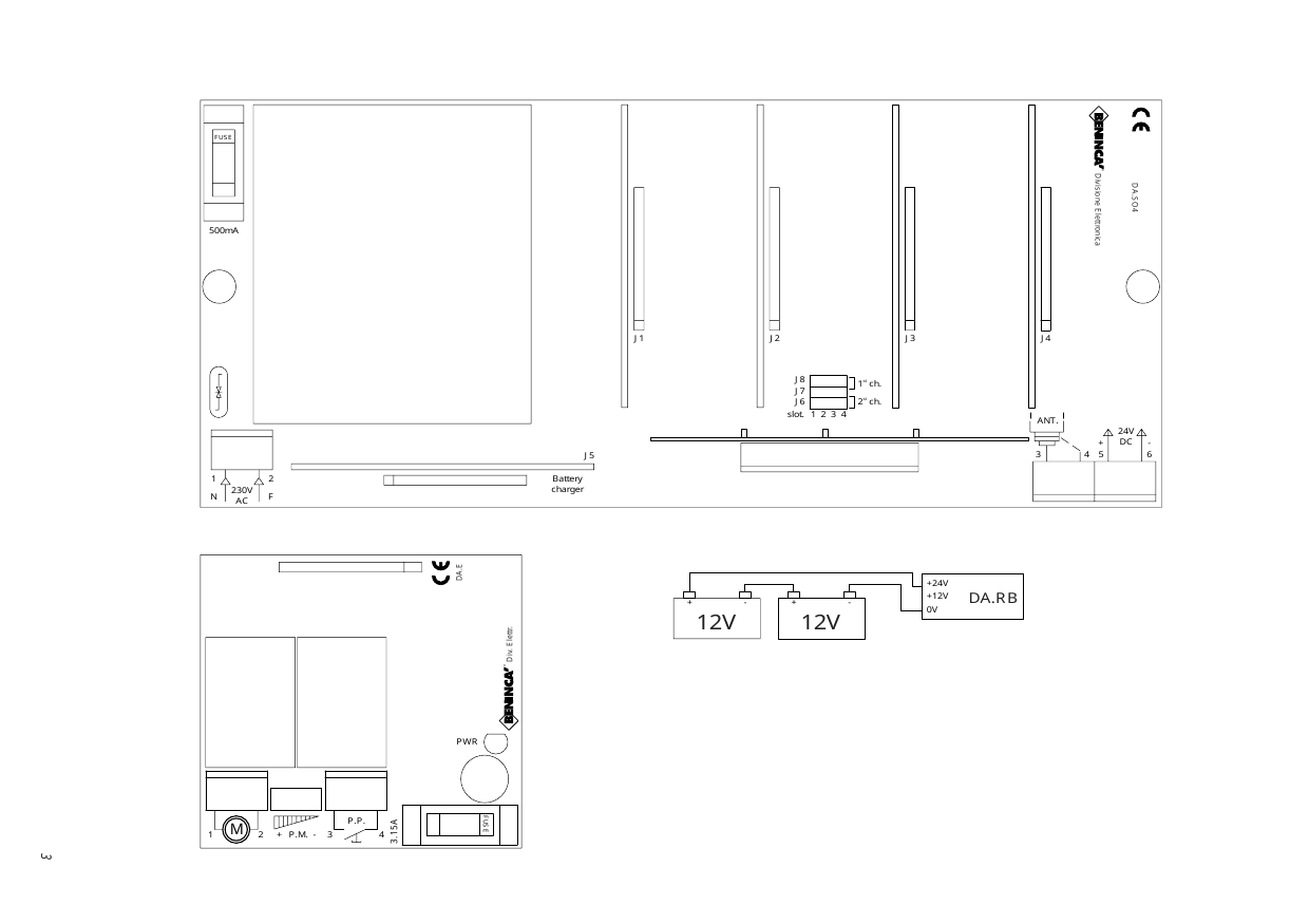 Schéma de câblage de la carte de base DA.SO4, du module d'extension DA.E et du chargeur de batterie DA.RB (2 batteries 12 V)