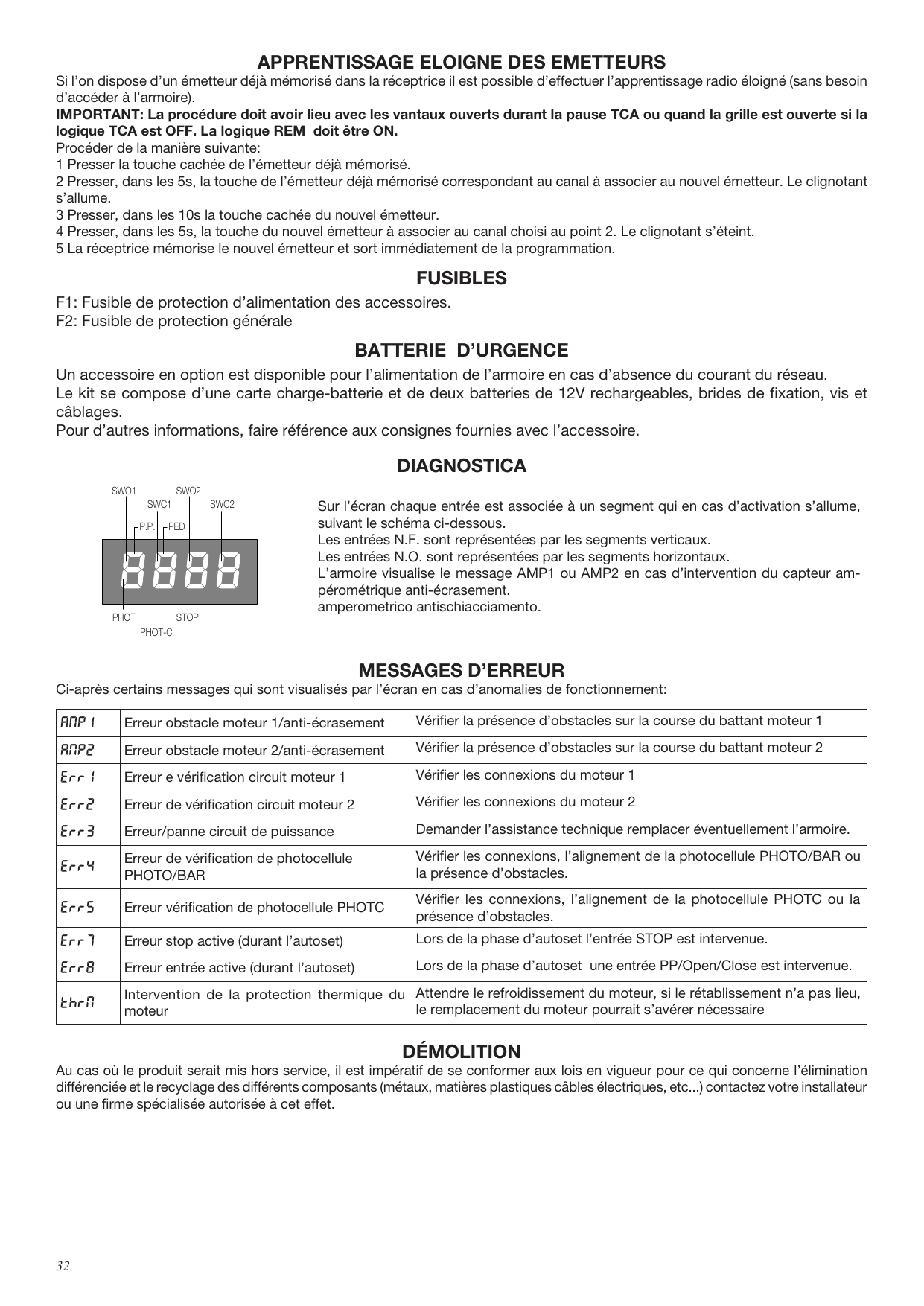 Schéma de diagnostic de l'afficheur : association des segments aux entrées SWO1, SWO2, SWC1, SWC2, P.P., PED, PHOT, STOP, PHOT-C