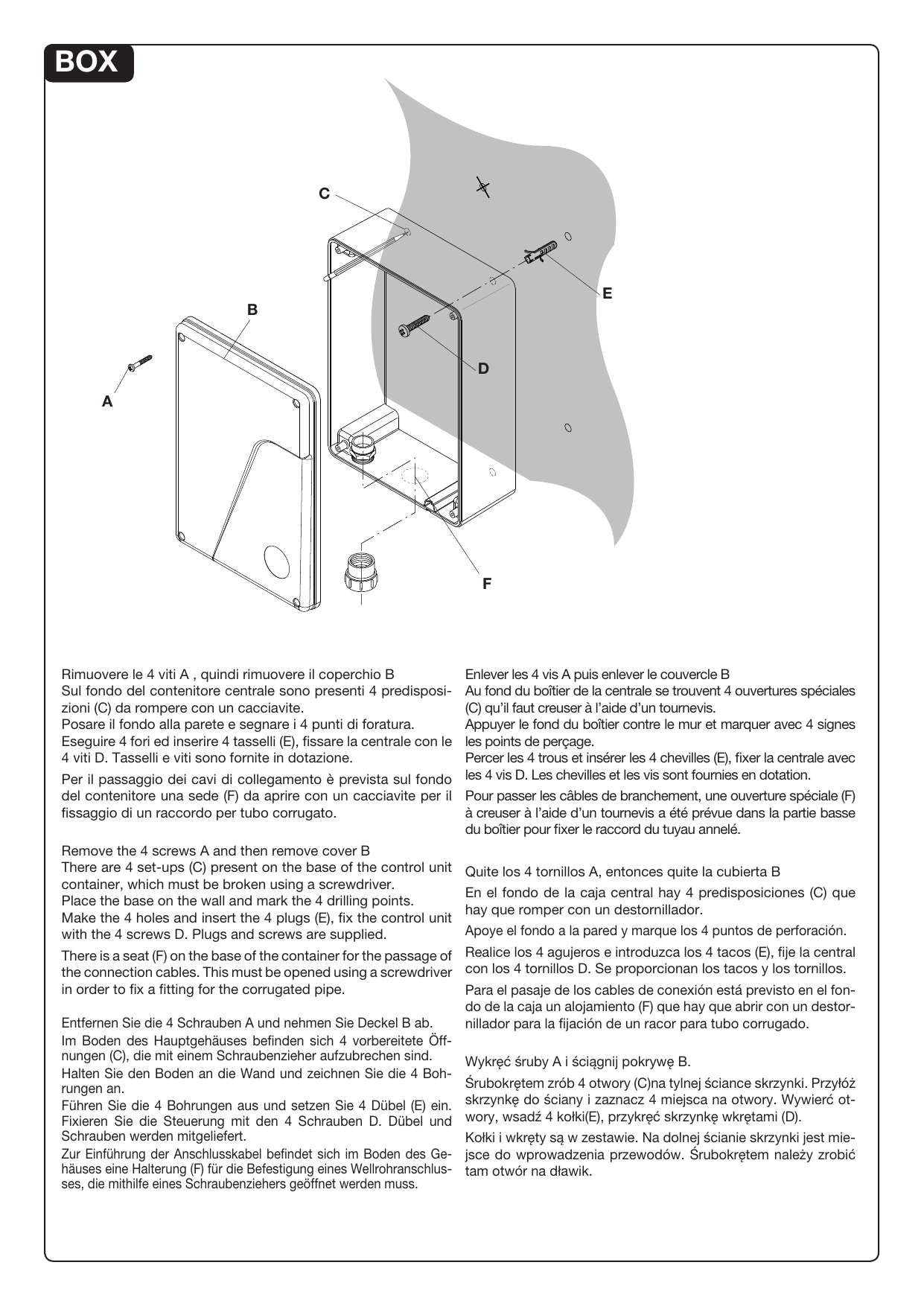 Schéma de montage du boîtier : repérage des vis A, couvercle B, prédispositions C, vis D, chevilles E et passage de câbles F