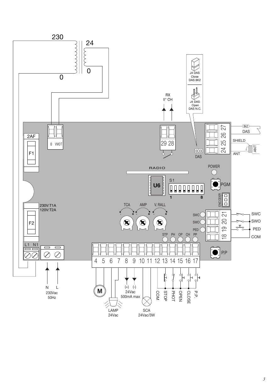 Schéma de câblage de la centrale : bornier, transformateur, fusibles, cavalier DAS, trimmers TCA/AMP/V.RALL, dip-switchs S1 et connexions entrées/sorties