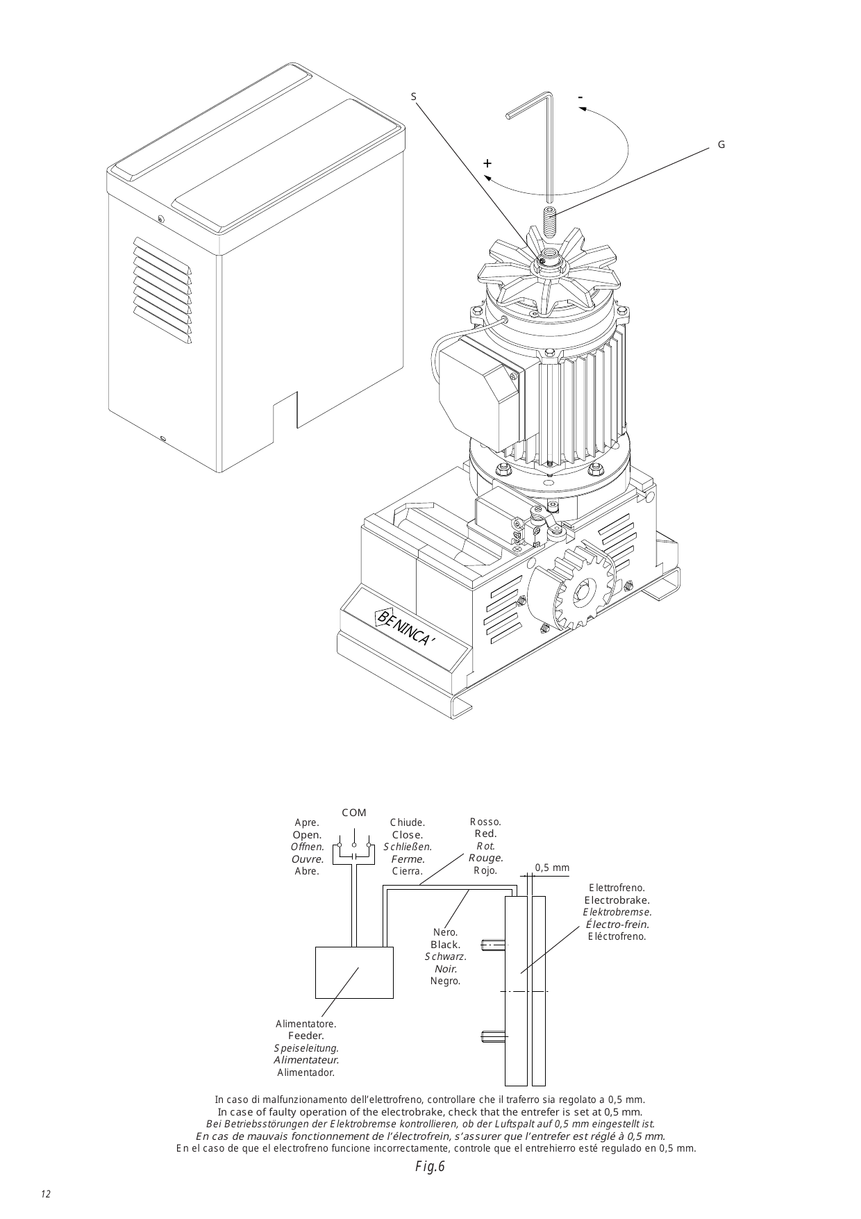 Fig. 6 — Réglage de l'embrayage mécanique et schéma de raccordement de l'électro-frein (commun COM, ouverture/fermeture, fils noir et rouge, entrefer 0,5 mm)