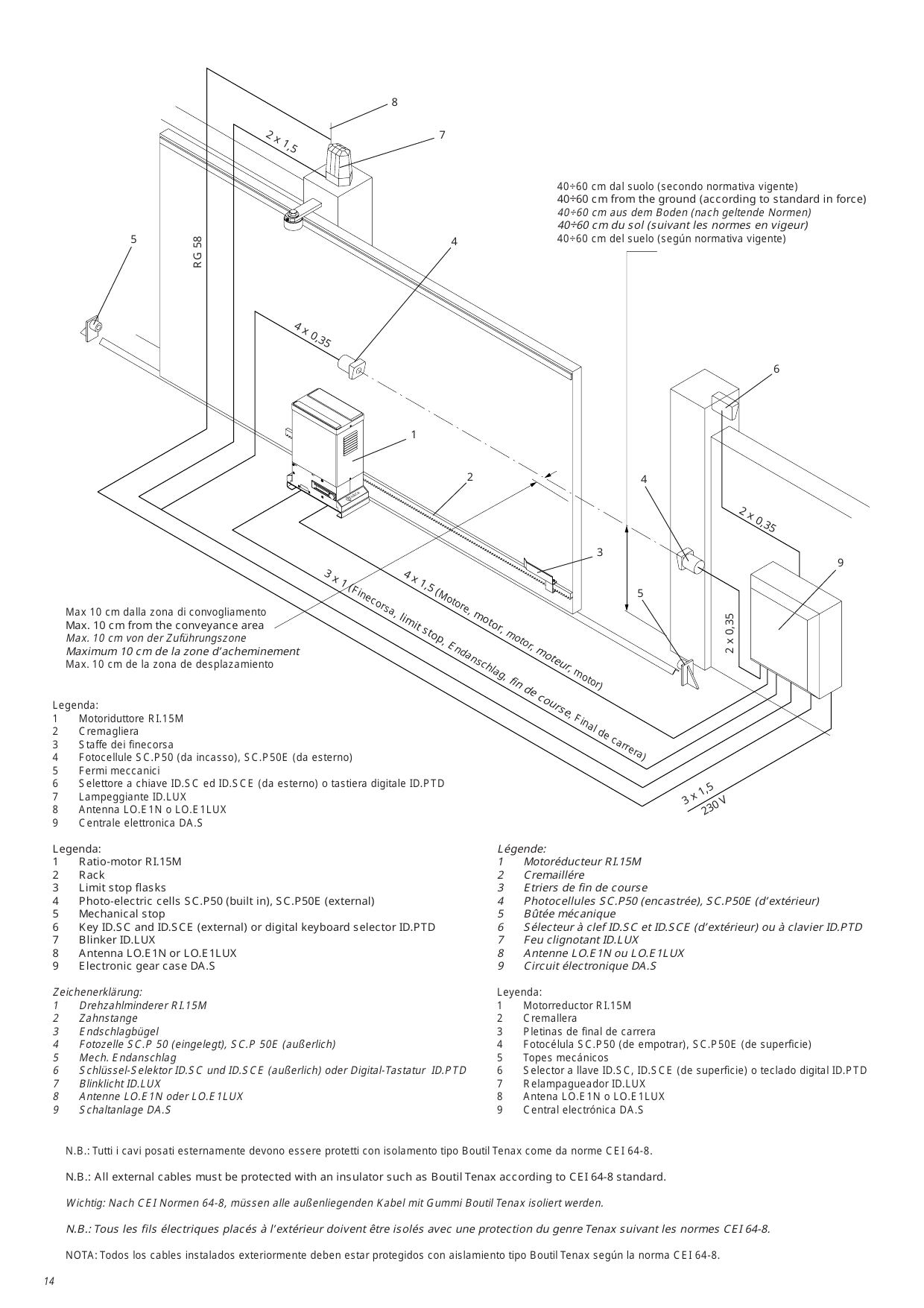Schéma d'implantation de l'installation type RI.15M avec sections de câbles et positionnement des accessoires