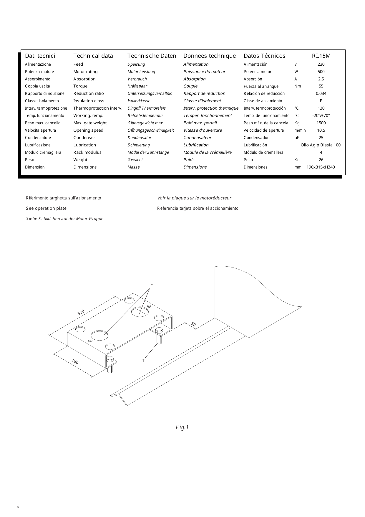 Fig. 1 — Mise en place de la plaque de fondation (cotes 320 / 160 / ≈50, fixations F, tirants T)