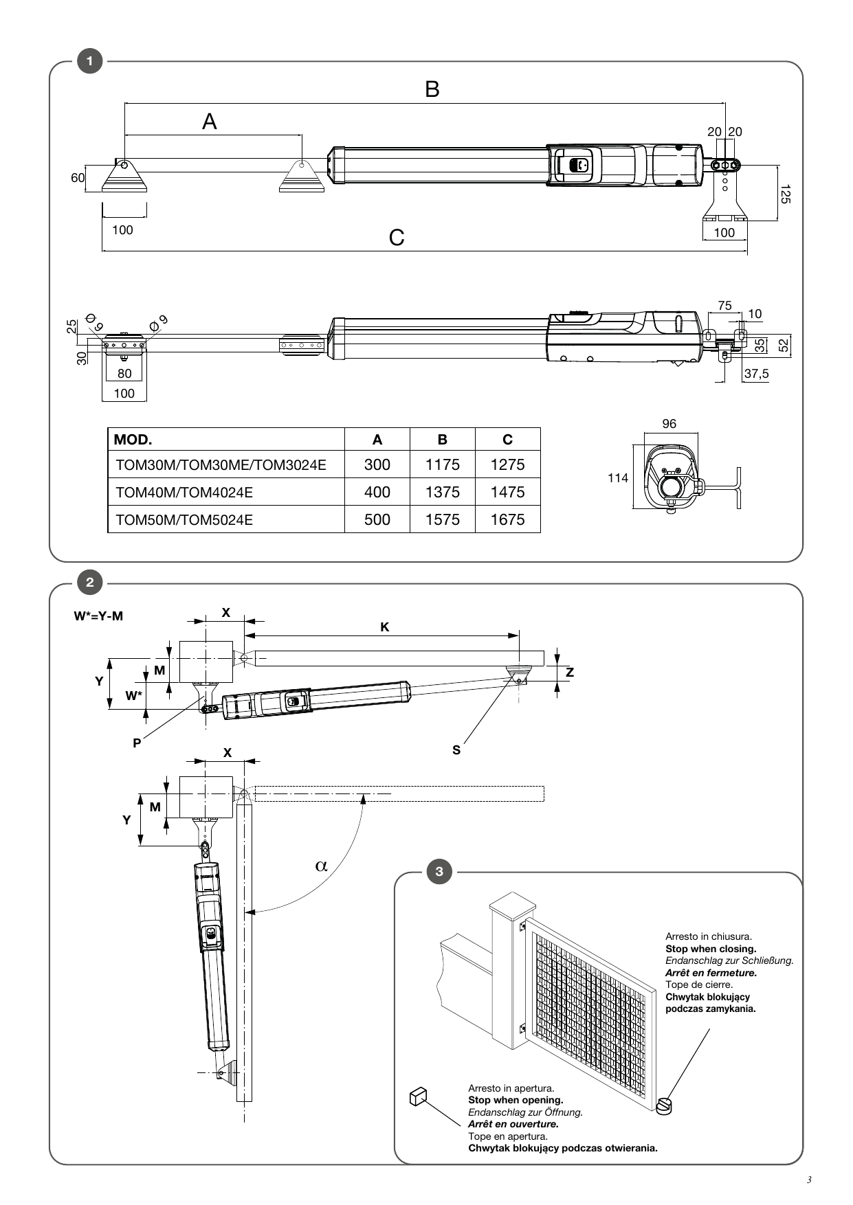 Dimensions d'ensemble de l'automatisme et repères de cotes (A, B, C, X, Y, Z, K, M, P, S), position des butées mécaniques en ouverture et en fermeture.
