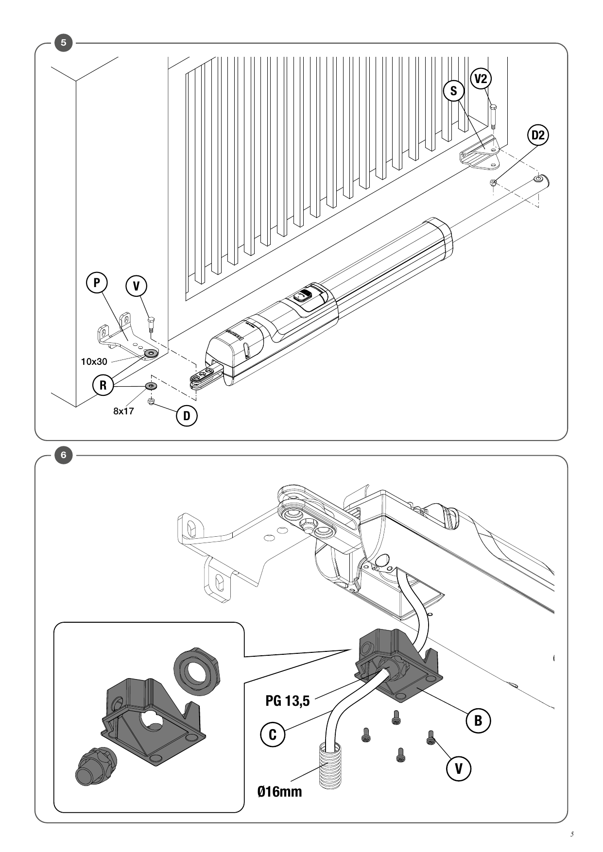 Fixation de la platine P au pilier et de la patte S au vantail (vis V, écrou D, rondelle R 8x17 et 10x30, vis V2, patte D2). Montage du raccord passe-câble PG 13,5 sur la platine C/B (gaine Ø16 mm).