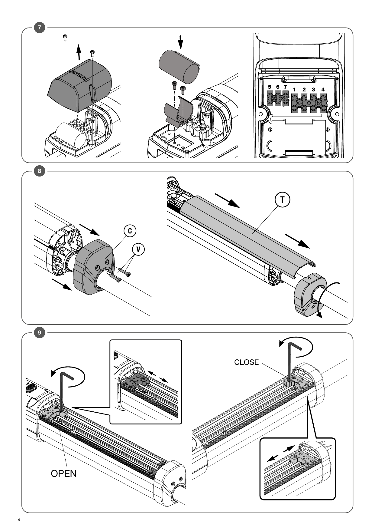 Dépose du couvercle et du carter T (vis V), accès au bornier, réglage des butées mécaniques OPEN et CLOSE à l'aide de la clé hexagonale.