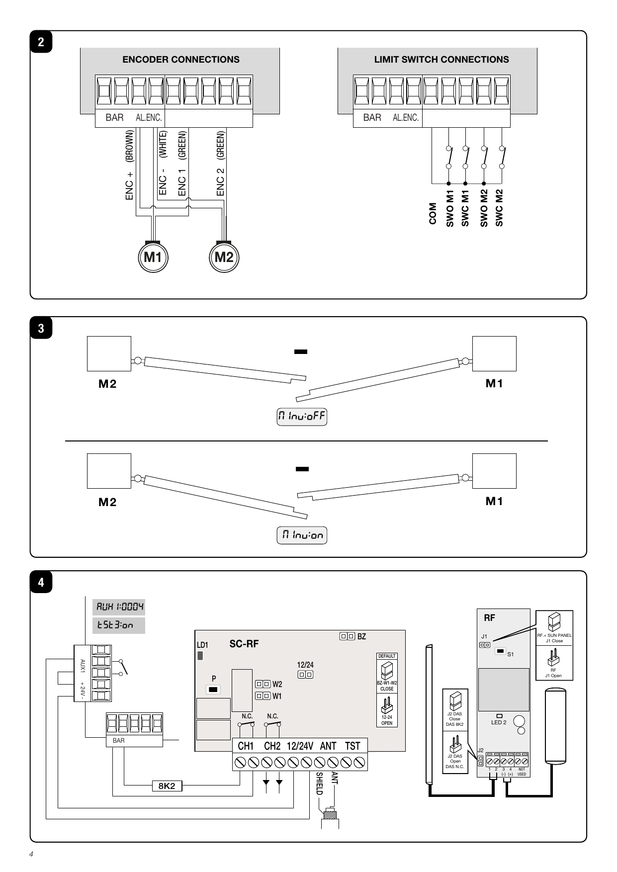 Fig. 2 : connexions encodeurs et connexions fins de course. Fig. 3 : ordre de démarrage des moteurs (logique MINV OFF/ON). Fig. 4 : raccordement des modules SC-RF et RF pour test de la barre palpeuse.