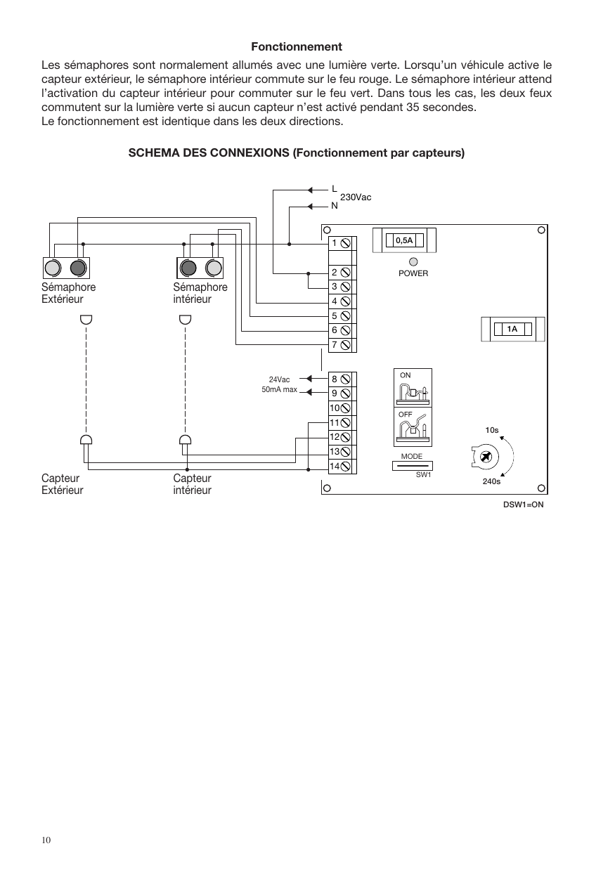 Schéma des connexions du module sémaphorique VE.CS en fonctionnement par capteurs (DSW1=ON) : alimentation 230Vca (L/N), bornes 1 à 14, fusibles 0,5A et 1A, LED POWER, dip-switch MODE (SW1), trimmer 10s–240s, raccordement des sémaphores extérieur et intérieur et des capteurs extérieur et intérieur.
