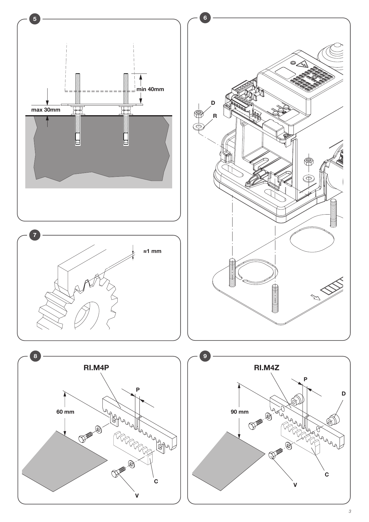 Réglage des ancrages, montage du motoréducteur, jeu ≈1 mm sur le pignon et fixation des crémaillères RI.M4P (60 mm) et RI.M4Z (90 mm) (fig. 5 à 9)