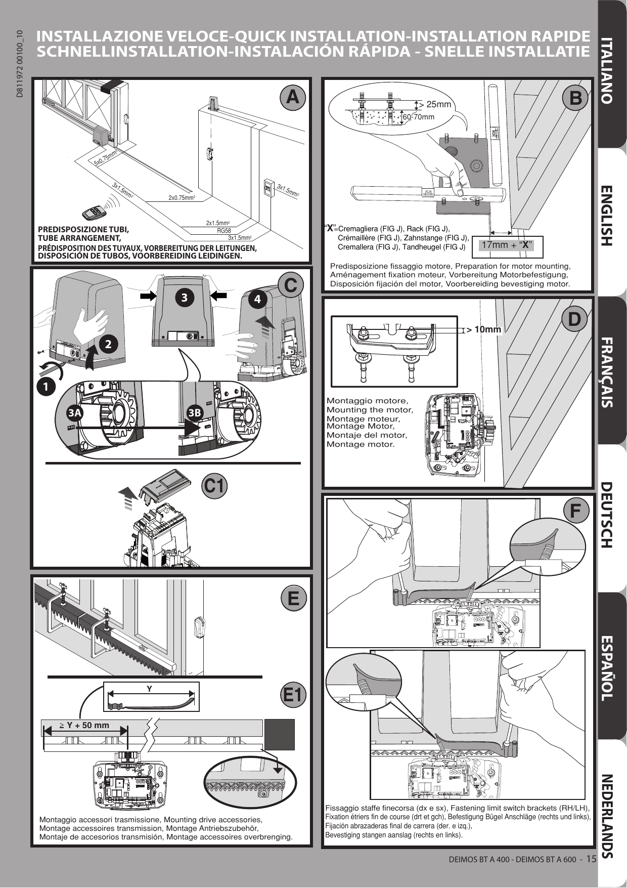 Prédisposition des tuyaux (A) ; préparation de la fixation moteur (B) ; retrait du carter de couverture (C) et de la centrale (C1) ; montage moteur (D) ; montage des accessoires de transmission et crémaillère, espace ≥ Y + 50 mm (E, E1) ; fixation des étriers de fin de course droite et gauche (F).