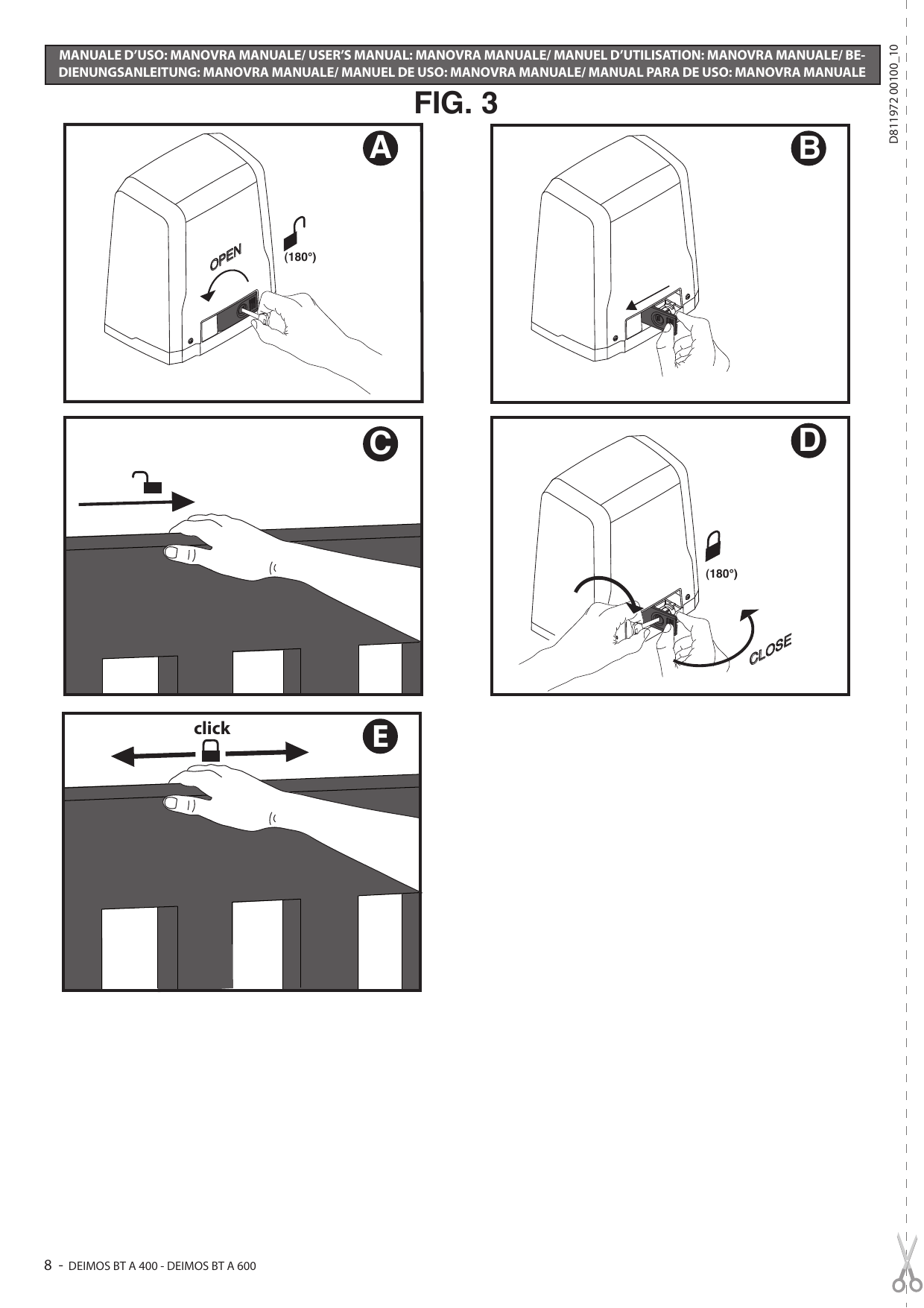 FIG. 3 — Procédure de déverrouillage et de manœuvre manuelle : ouverture du cache-serrure, rotation de la clé OPEN (180°), déverrouillage du chariot, et reverrouillage CLOSE (180°) jusqu’au « click »