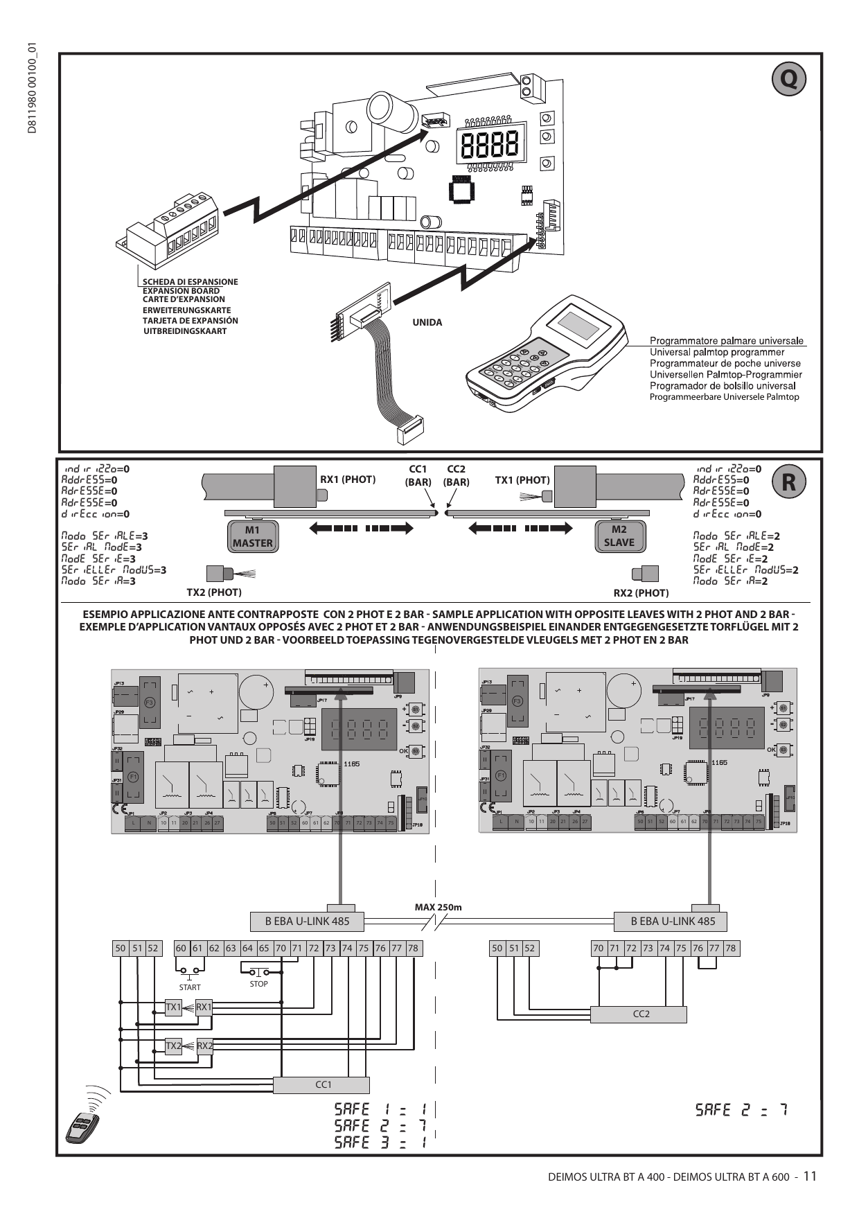 Carte d'expansion, programmateur palmaire universel UNIDA et exemple d'application avec vantaux opposés (2 PHOT et 2 BAR) – figures Q et R