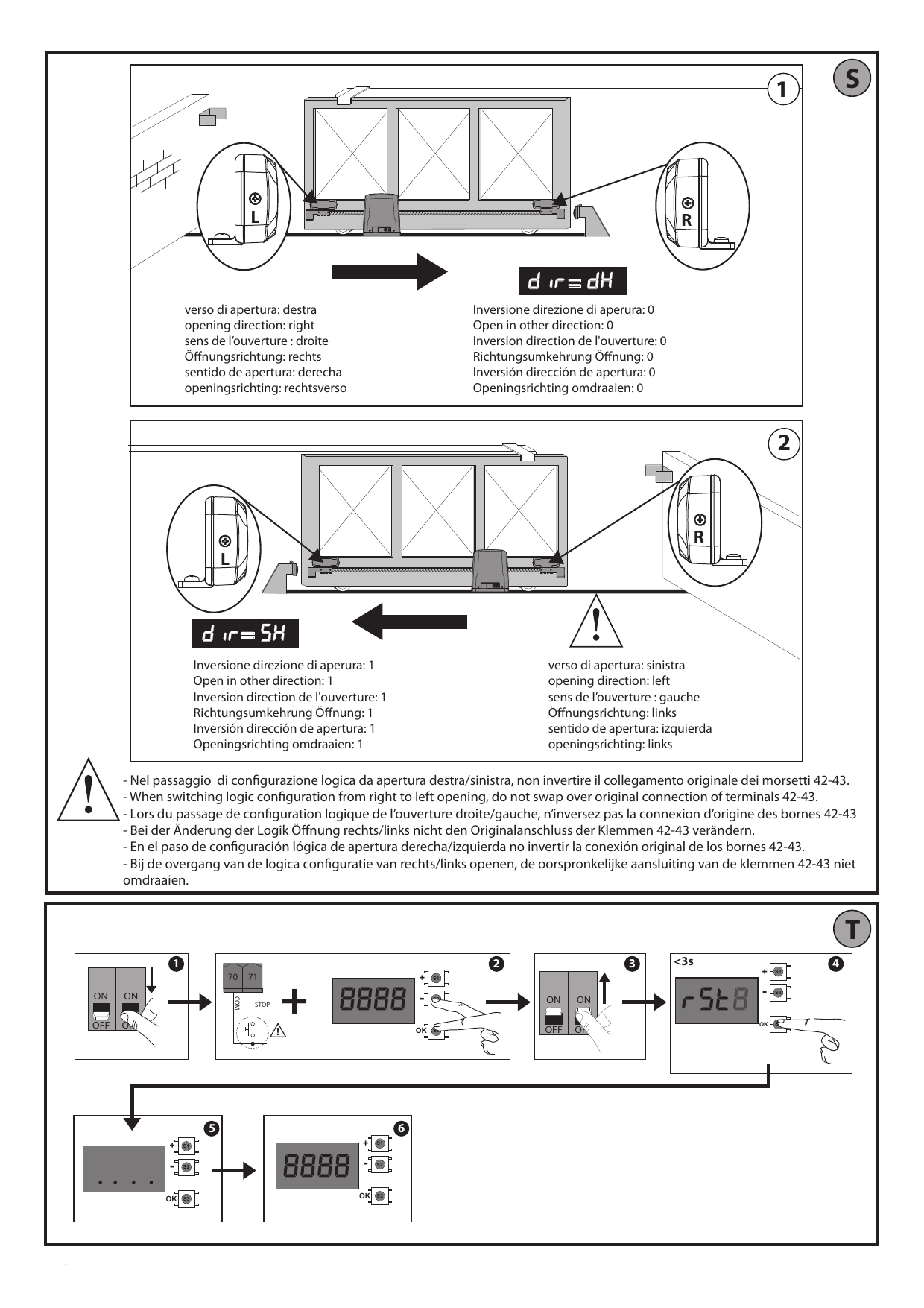 Inversion du sens d'ouverture : DIR = dx (droite) et DIR = sx (gauche), et procédure de rétablissement des configurations d'usine (FIG. T)