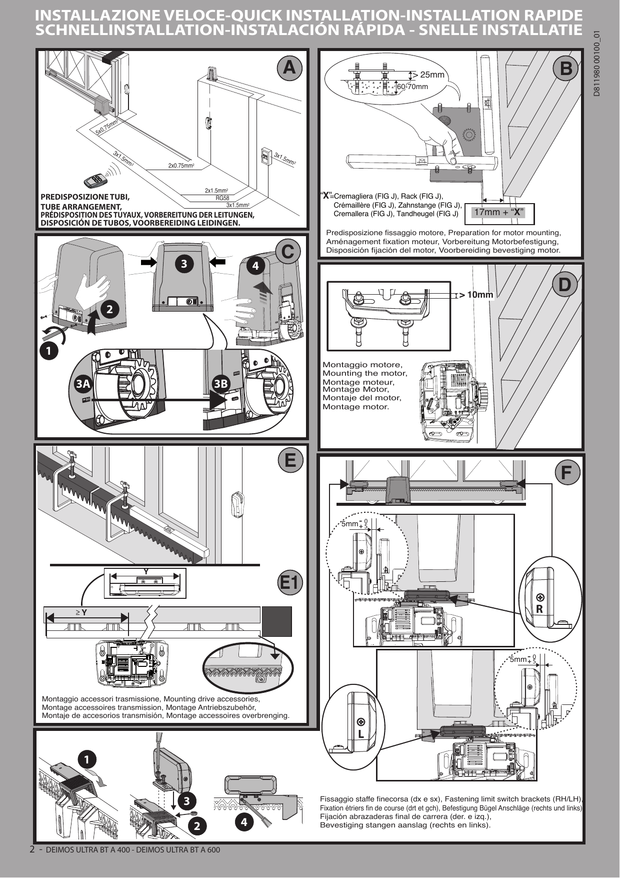 Schéma d'installation rapide : prédisposition des tuyaux (A), aménagement fixation moteur (B), retrait du carter (C), montage moteur (D), montage accessoires transmission (E-E1), fixation étriers fin de course (F).