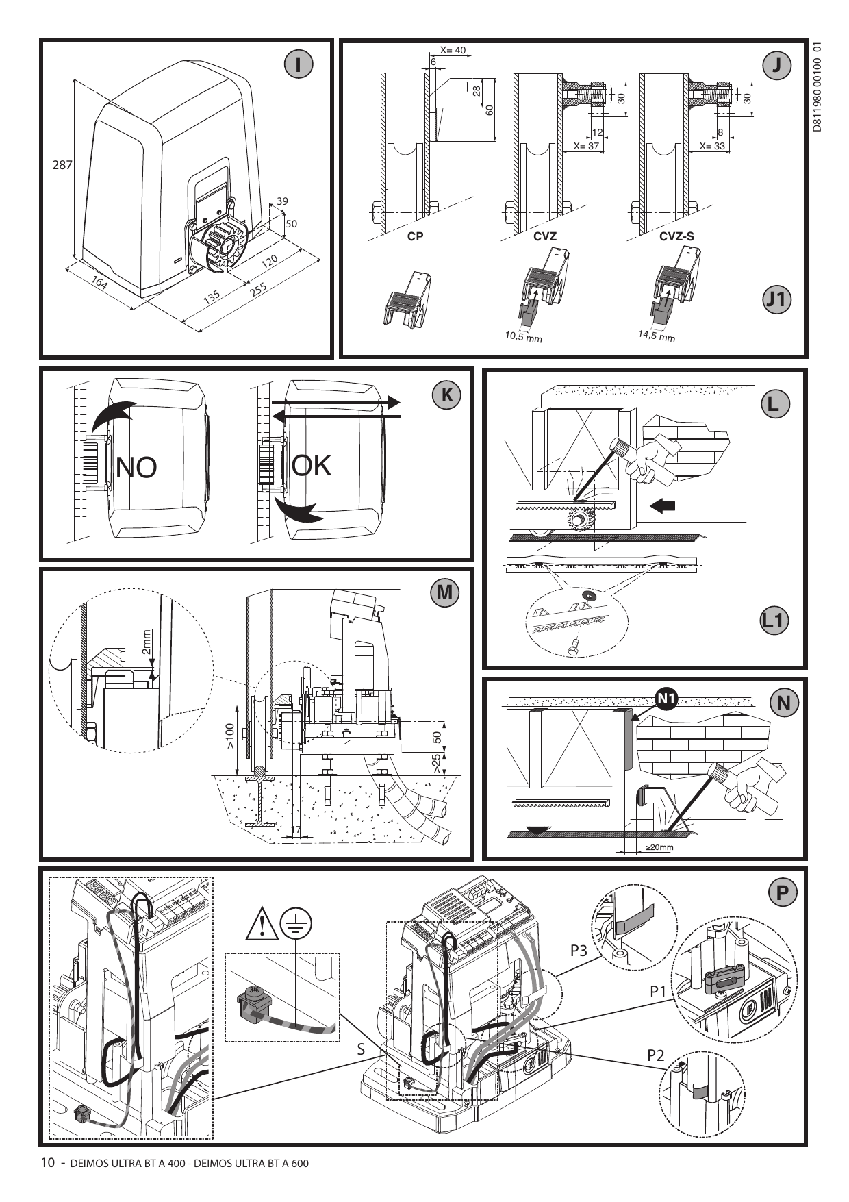 Dimensions de l'actionneur (I), types de crémaillères CP / CVZ / CVZ-S et entretoises (J - J1), centrage crémaillère par rapport au pignon (K, L, L1, M), butées d'arrêt (N, N1), connexion à la terre et cheminement des câbles (P).