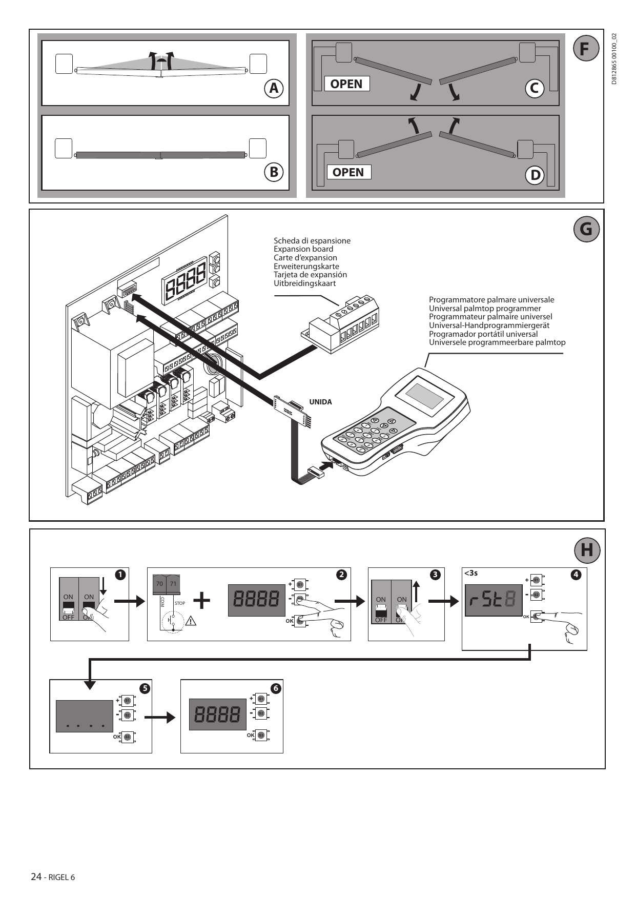 Configurations du vantail (Fig. F, réf. A-B) et sens d'ouverture OPEN (Fig. F, réf. C-D).