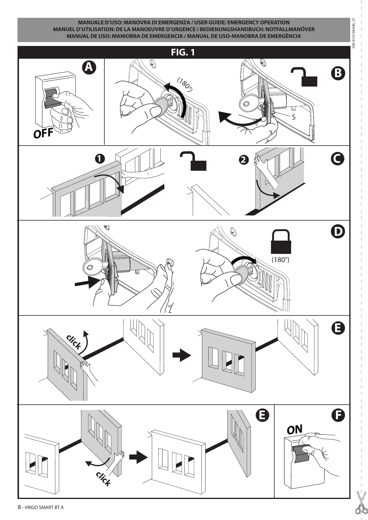 Séquence de la manœuvre d'urgence : déverrouillage à clé, manœuvre manuelle du vantail et reverrouillage (FIG. 1, vues A à F)