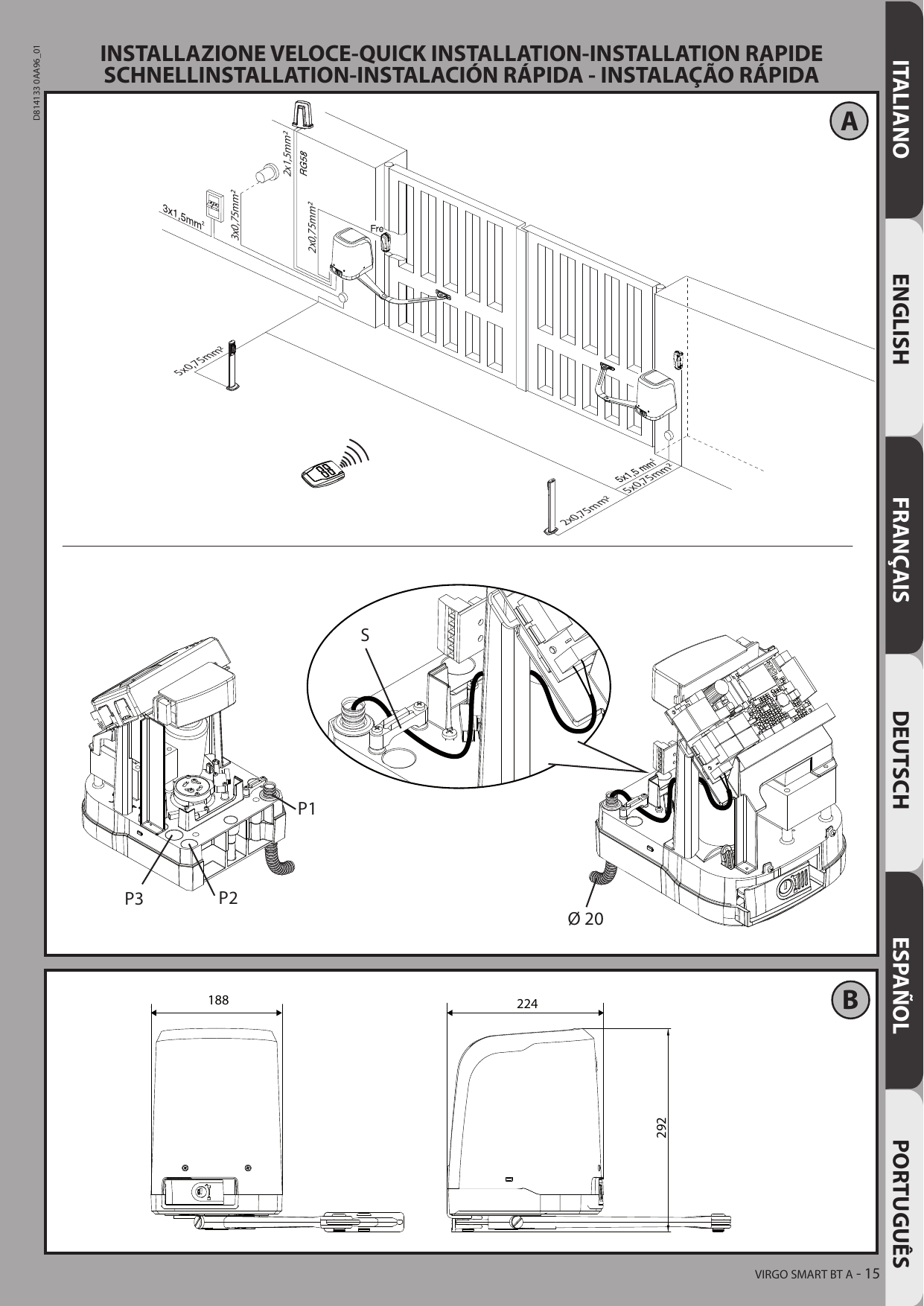 Schéma général d'installation (A), détails de fixation et de câblage interne du motoréducteur, et points P1/P2/P3