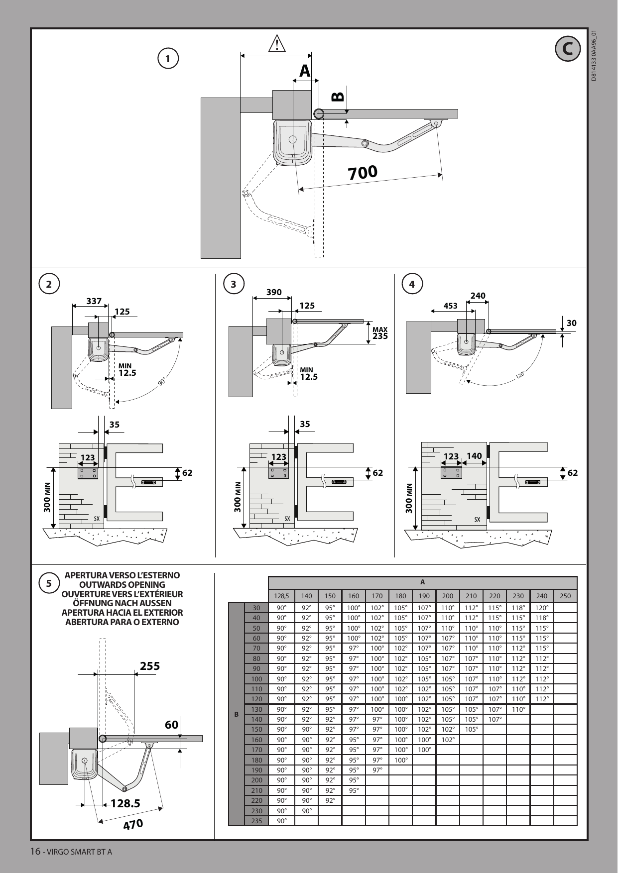 Schémas de positionnement du bras (configurations 1 à 5) avec cotes de fixation murale et pilier