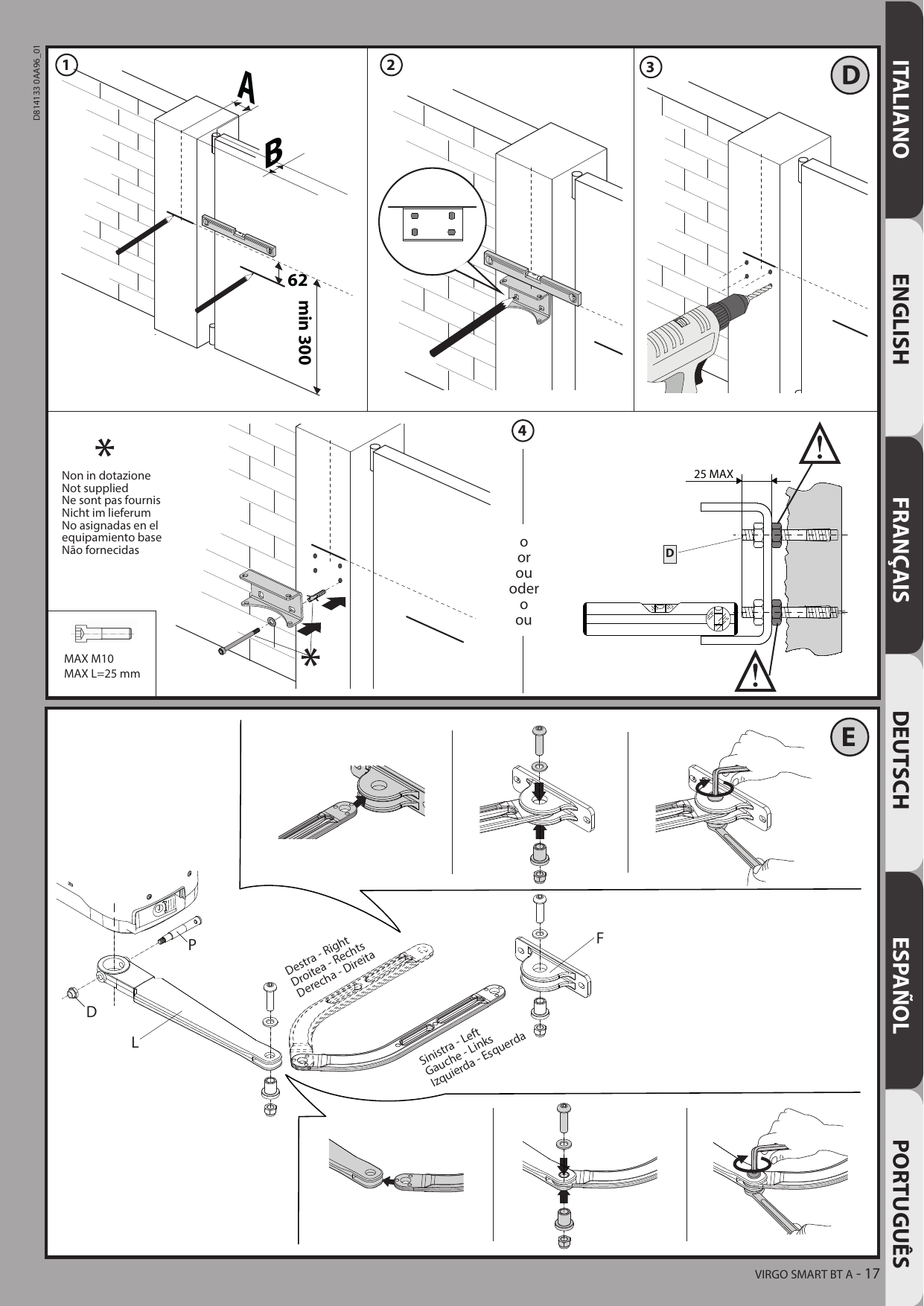 Traçage, fixation et perçage de la patte murale (étapes 1 à 4) et assemblage du bras articulé droit/gauche (repères D, L, P, F)