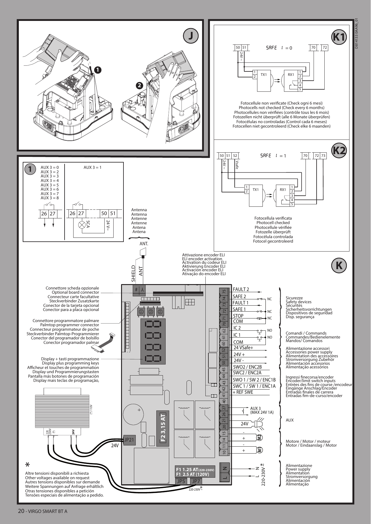 Ouverture du capot pour accès à la carte (vue J) et schéma de la platine de commande avec bornier (vue K)