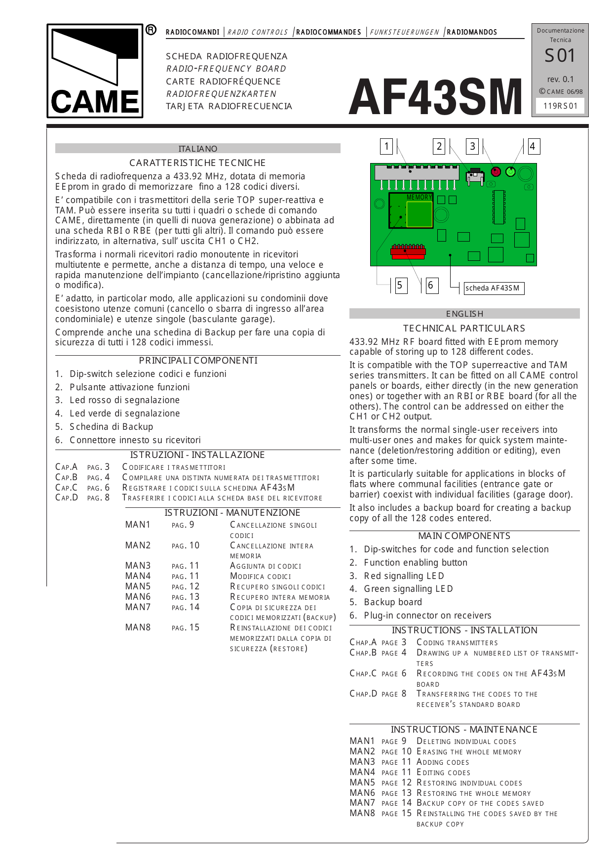 Scheda AF43SM avec composants numérotés : 1) Dip-switch ; 2) Pulsante attivazione funzioni ; 3) Led rosso ; 4) Led verde ; 5) Schedina di Backup ; 6) Connettore innesto su ricevitori.