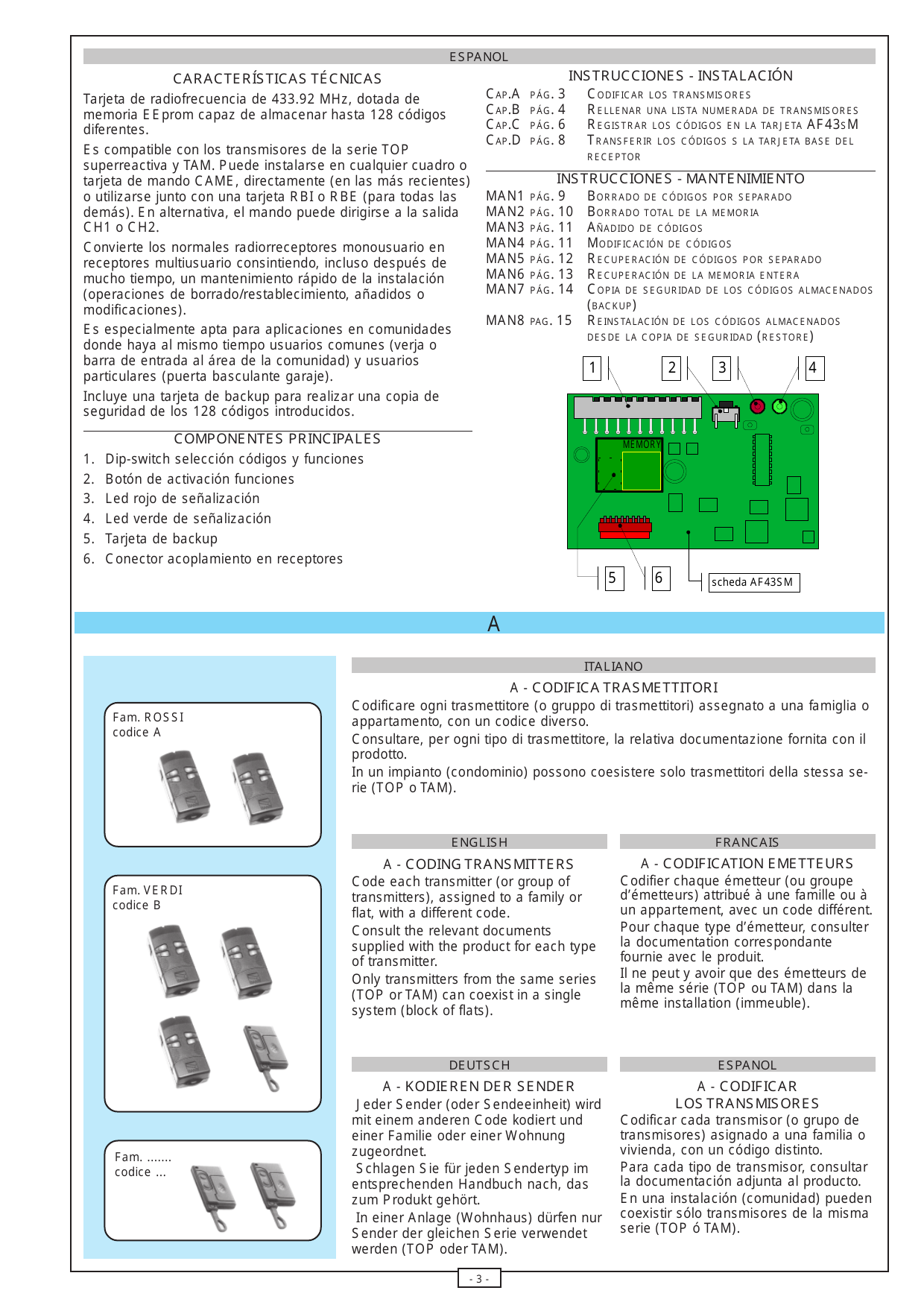 Exemples d'émetteurs codés : Fam. ROSSI = codice A ; Fam. VERDI = codice B ; Fam. ……… = codice …