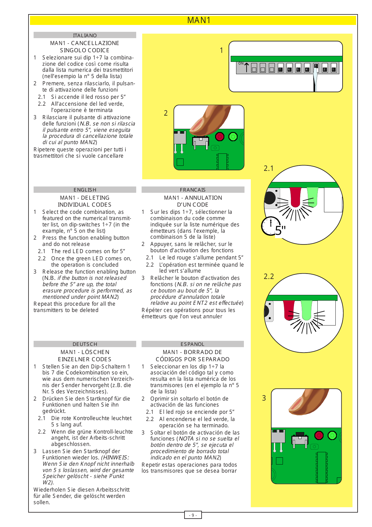Selezione combinazione codice sui dip 1÷7 e pressione del pulsante di attivazione funzioni (led rosso 5", poi led verde).