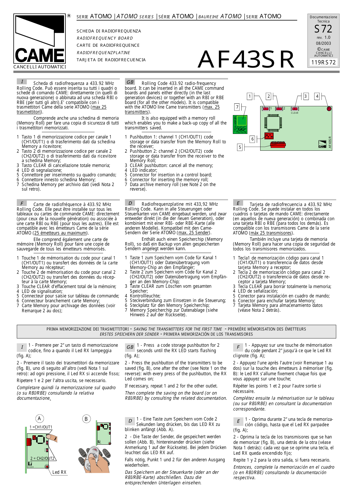 Schéma de la carte AF43SR avec repères 1 à 7 (touches 1/2, CLEAR, LED, connecteurs, Memory Roll)