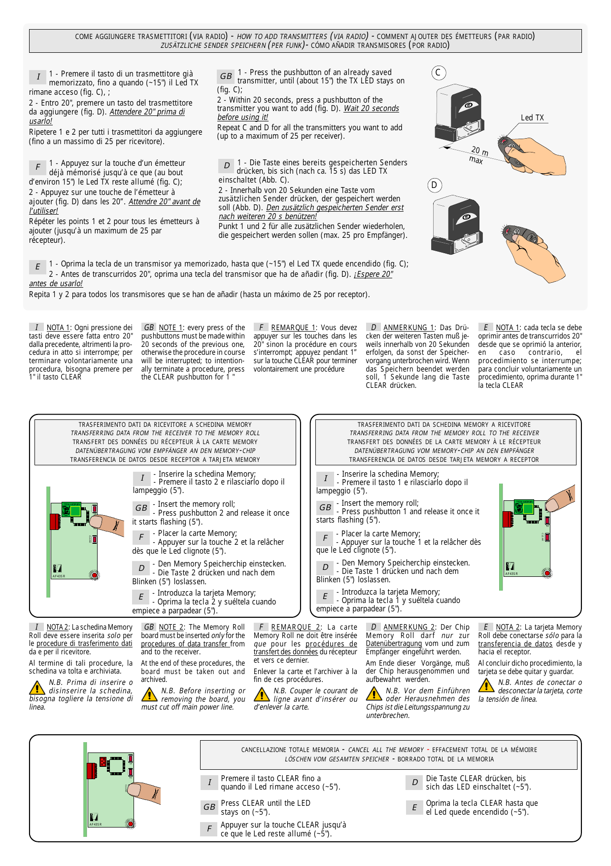 Fig. C et D : ajout d'un émetteur par radio à proximité (Led TX), distance max. 20 m