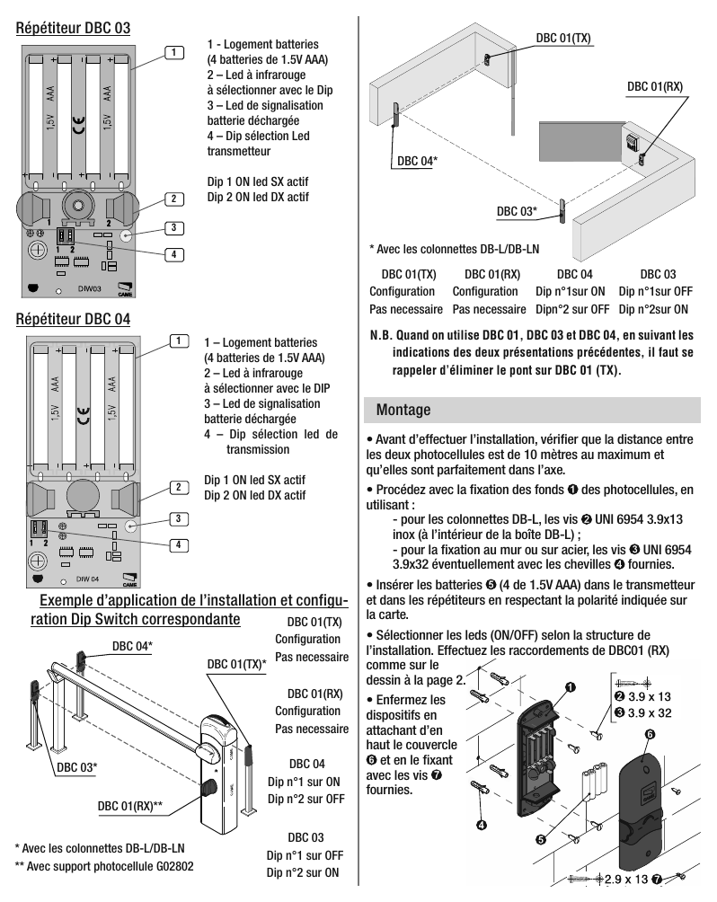 Cartes des répétiteurs DBC 03 et DBC 04 avec repérage des composants et des dip-switch