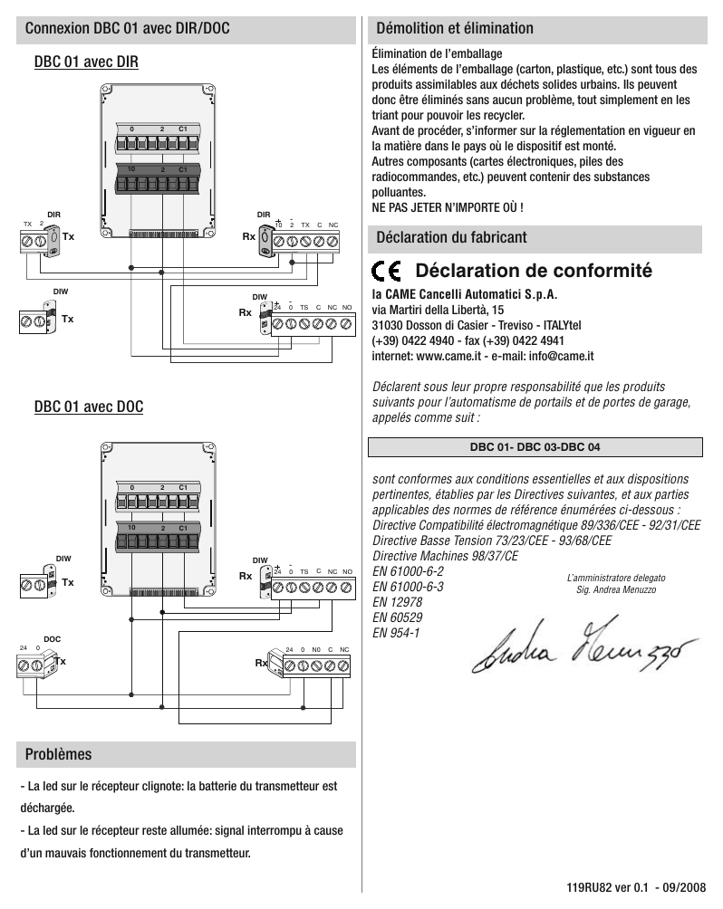Schéma de raccordement DBC 01 avec DIR