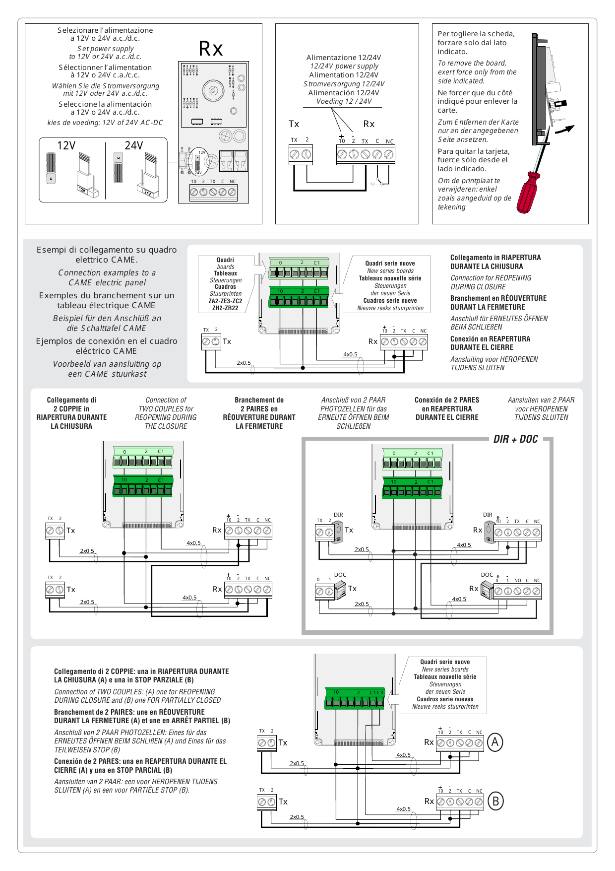Sélection de la tension d'alimentation (12V / 24V) sur la carte Rx et raccordement de base Tx/Rx (bornes 10, 2, TX, C, NC).