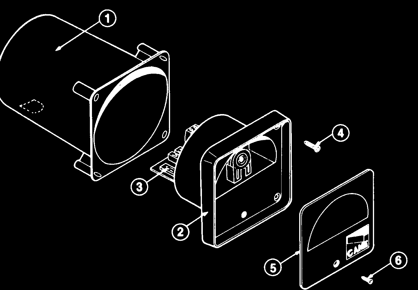 Vue éclatée du modèle DOC I avec boîtier à encastrer cylindrique, boîtier circuits, circuits, vis et écran infrarouge