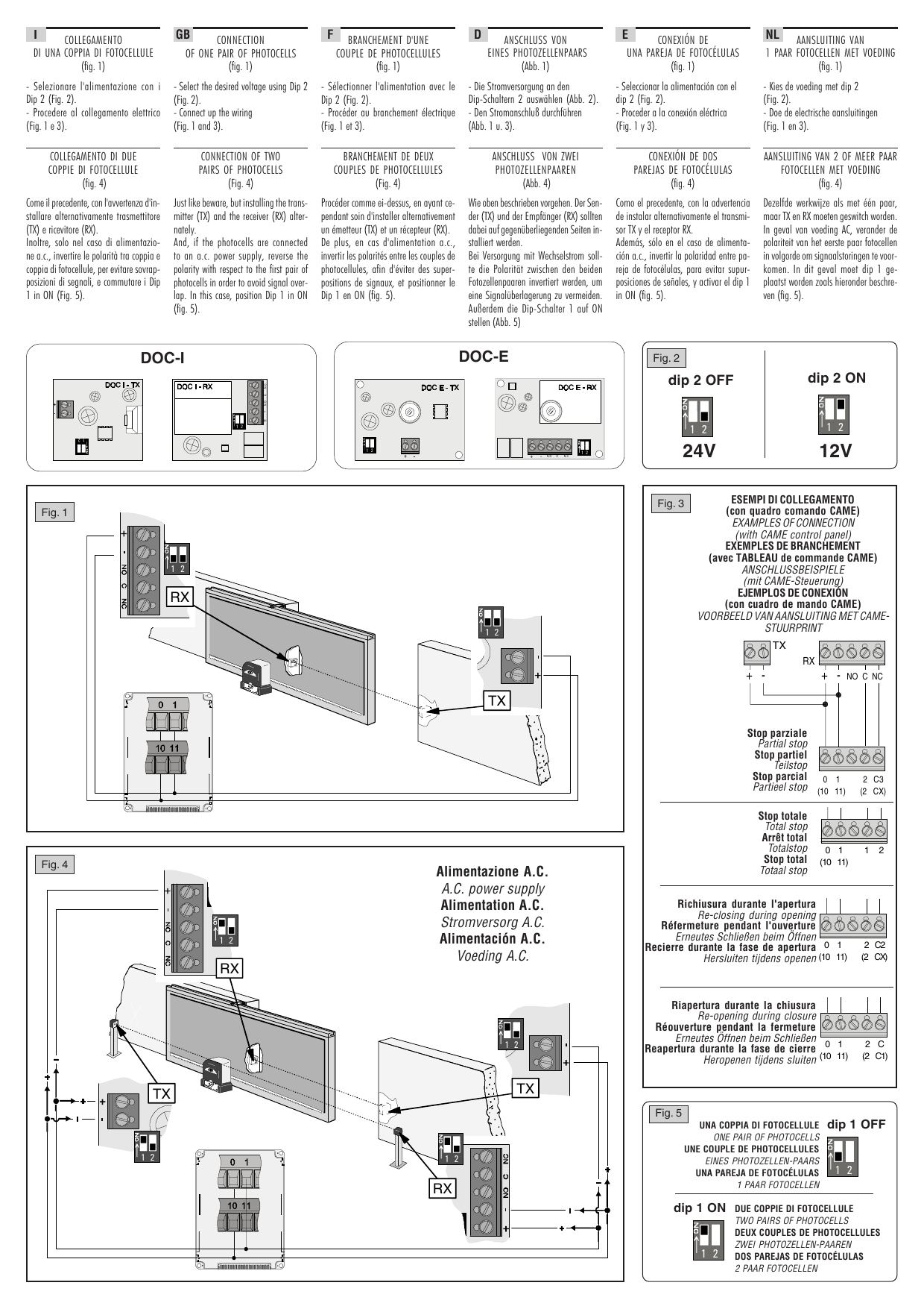 Schémas de raccordement DOC I et DOC E : disposition des bornes des cartes TX et RX, dip-switches (Fig. Dip-switch)