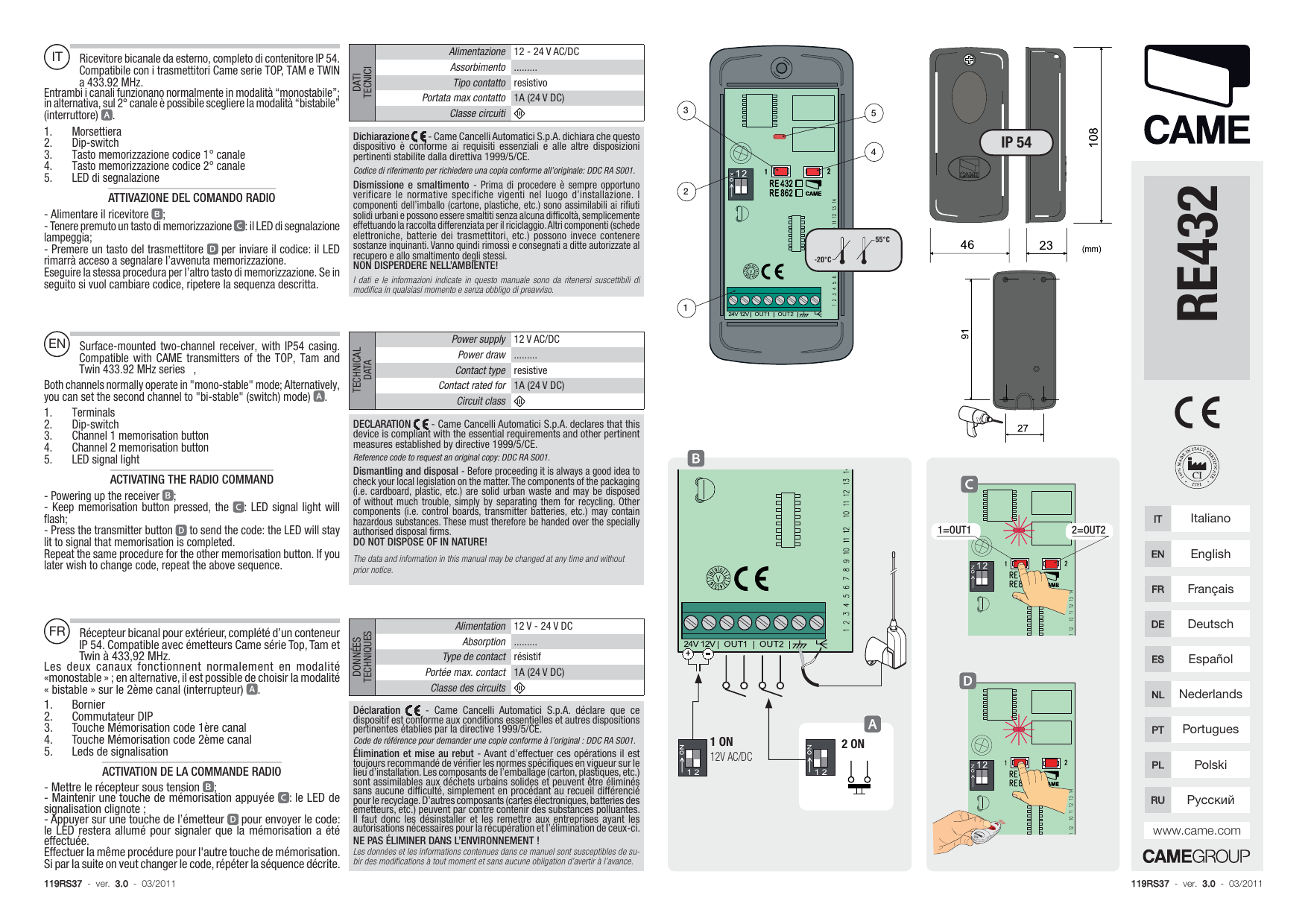 Schemi di collegamento (morsettiera, dip-switch, memorizzazione canali) e dimensioni del ricevitore RE432