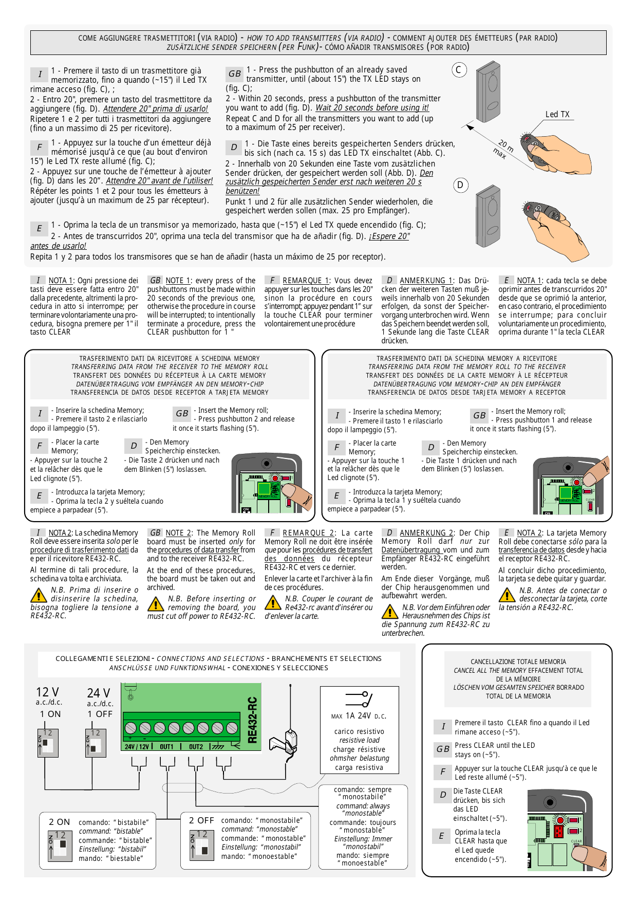 Schéma de la morsettiera RE432RC (bornes 24V/12V, OUT1, OUT2) et raccordement de la charge résistive (MAX 1A 24V D.C.)