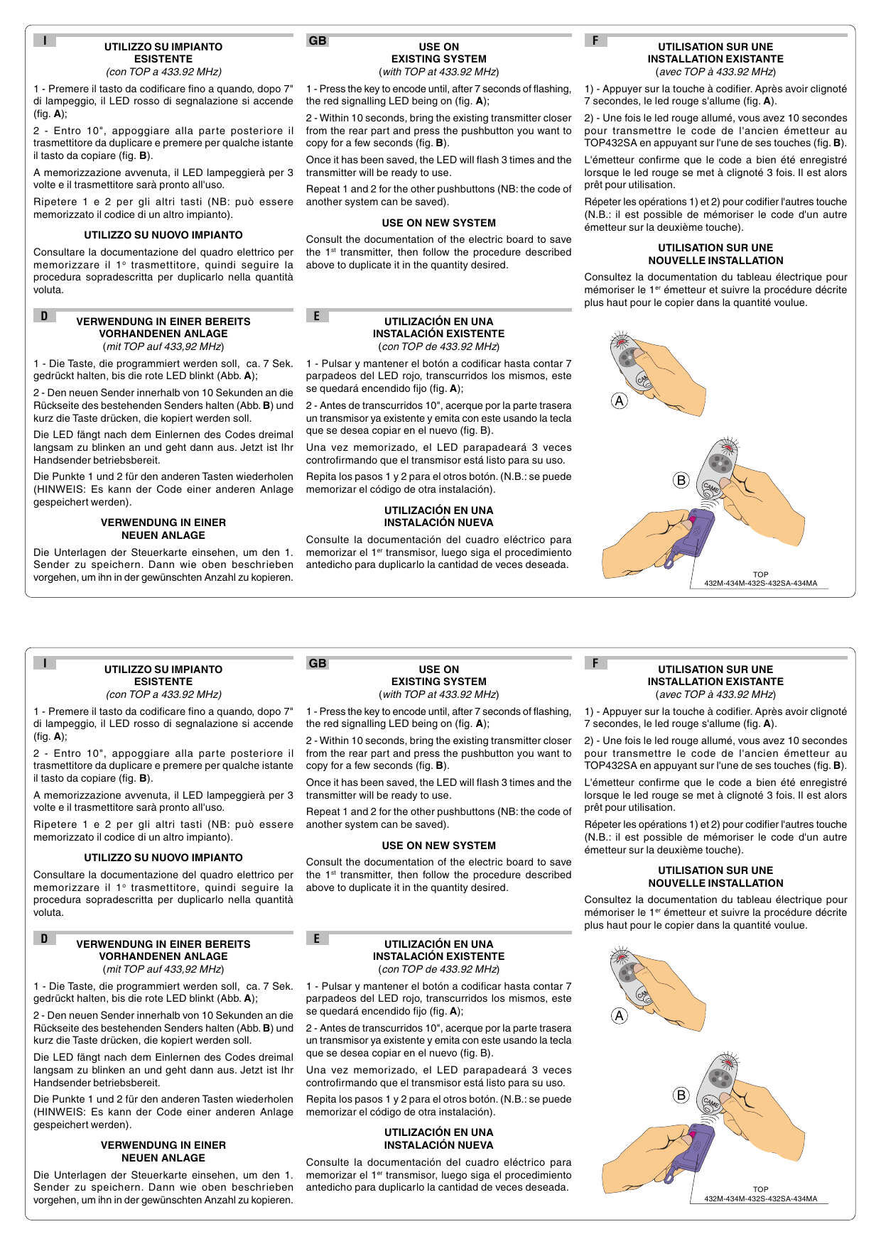 Schémas A et B : duplication du code en appuyant sur la touche à codifier (fig. A) puis en approchant l'émetteur existant par l'arrière de l'émetteur TOP (fig. B).