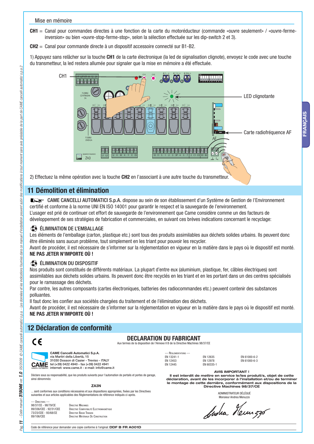 Procédure de mémorisation : appui sur CH1/CH2, LED clignotante et carte radiofréquence AF.