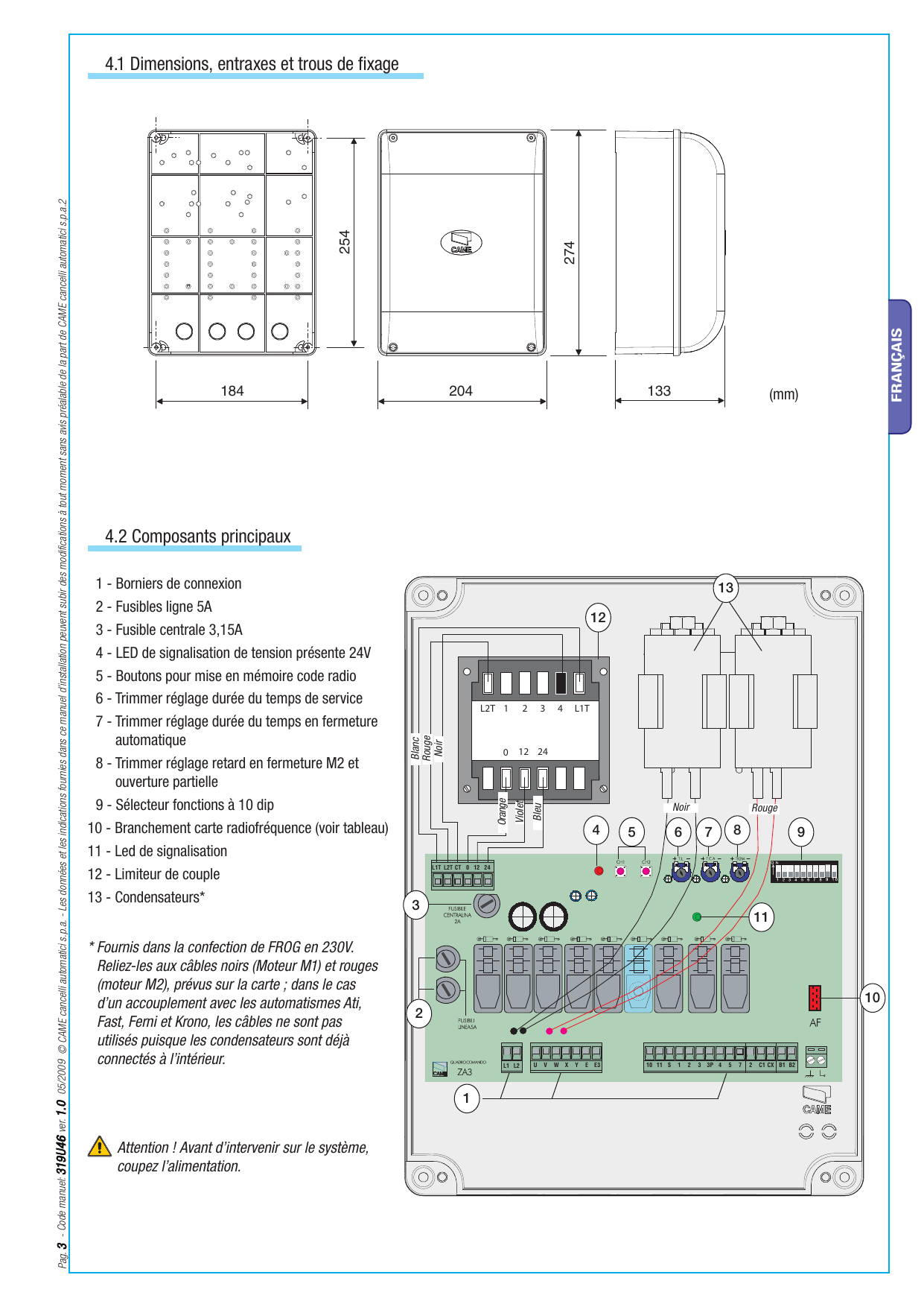 Dimensions de l'armoire : largeur 184 mm, hauteur 254/274 mm, profondeur 133/204 mm — entraxes et trous de fixage (mm).