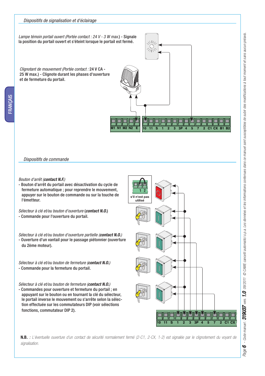 Schéma de raccordement des dispositifs de signalisation et de commande sur les bornes