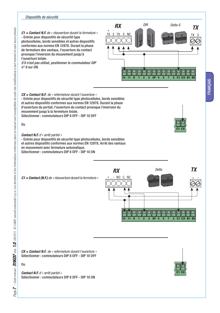 Schémas de raccordement des photocellules (DIR / Delta-S et Delta) aux contacts de sécurité C1-CX